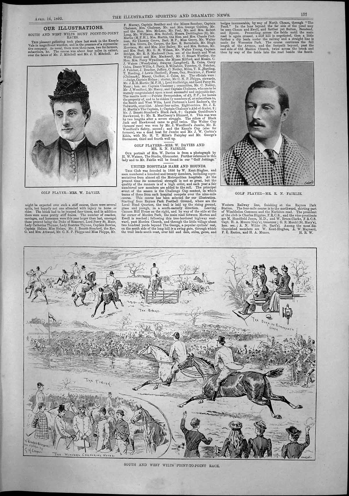 Old Print Golf Players Mrs W Davies R Fairlie Wilts Point Point Race 1892 19th