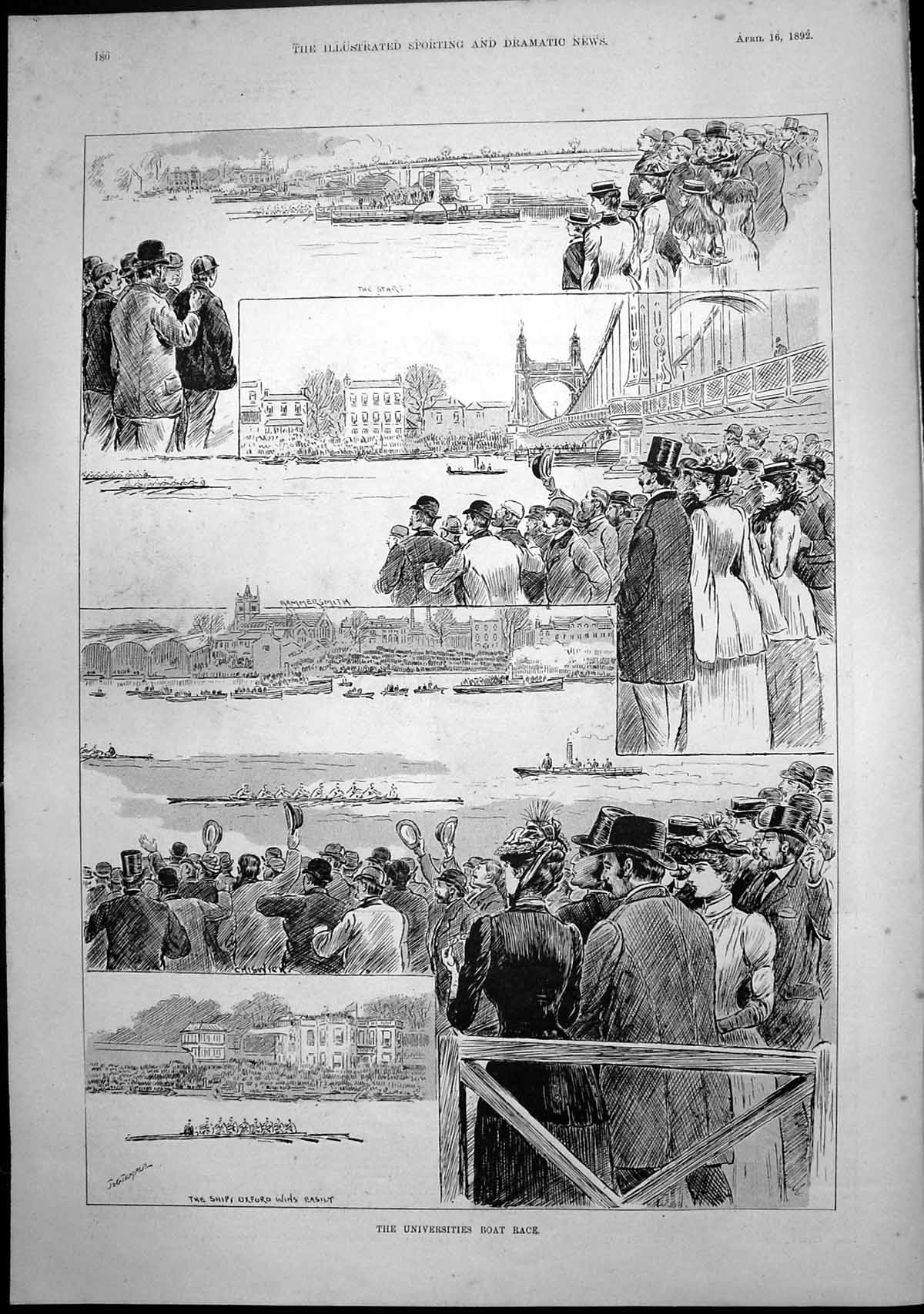 Old Print Universities Boat Race Birds Nest Three Women Hing Nest Eggs
