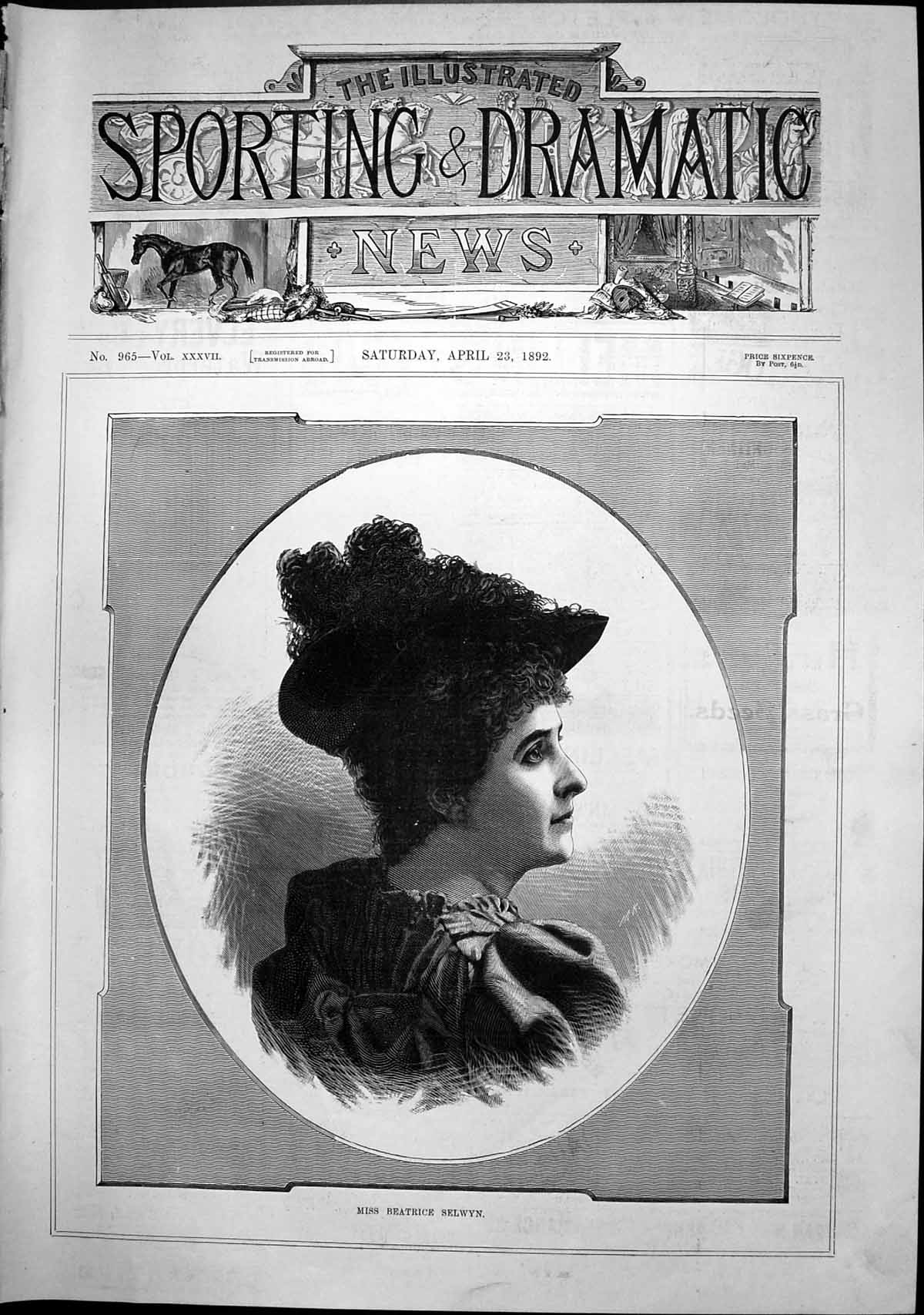 Old Antique Print Portrait Miss Beatrice Selwyn Woman Curly Hair Hat 1892 19th