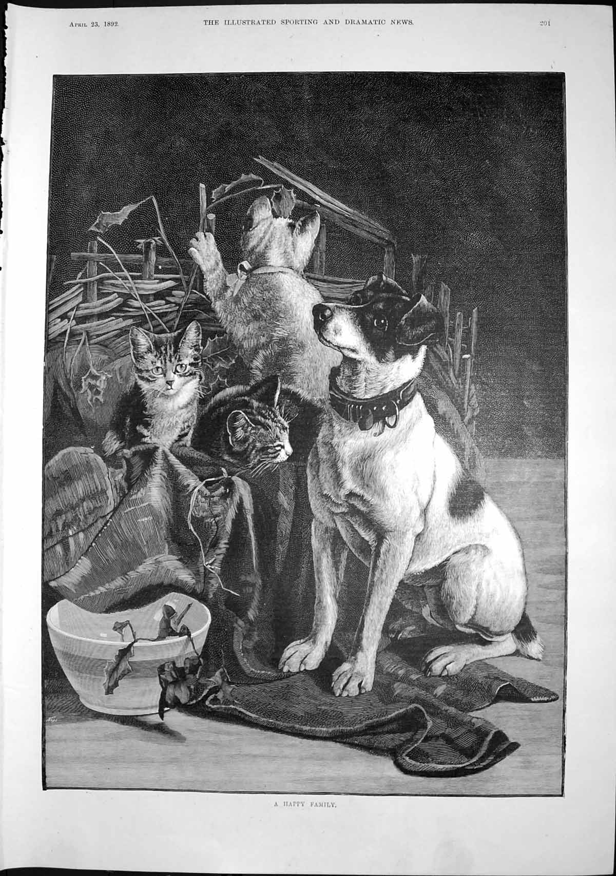 Original Old Antique Print Happy Family Dog Puppy Cat Kitten Blanket 1892 19th