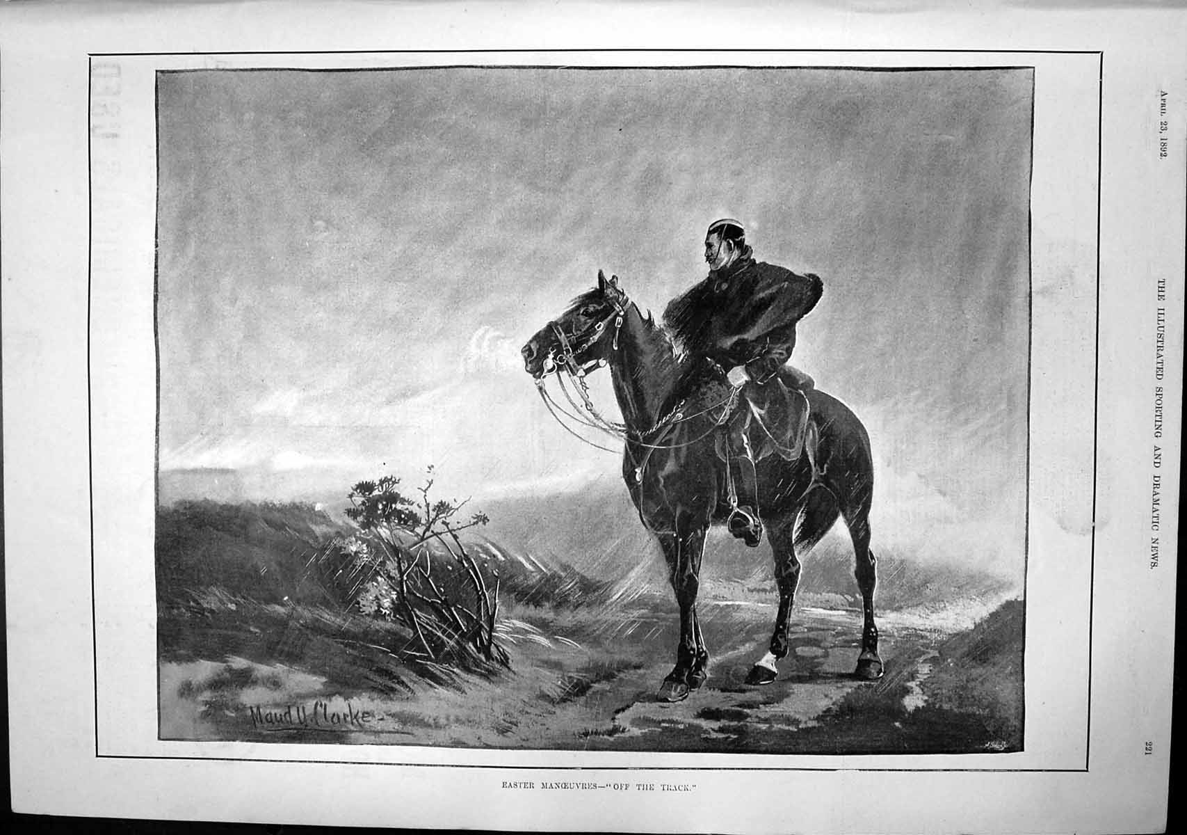 Old Print Easter Manoeuvres Off Track Maud Clarke Horse Rider Storm 1892 19th