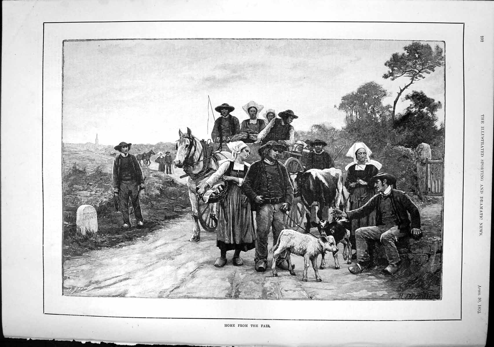 Antique Print Home From Fair Cow Calves Horse Carriage Country People 1892 19th