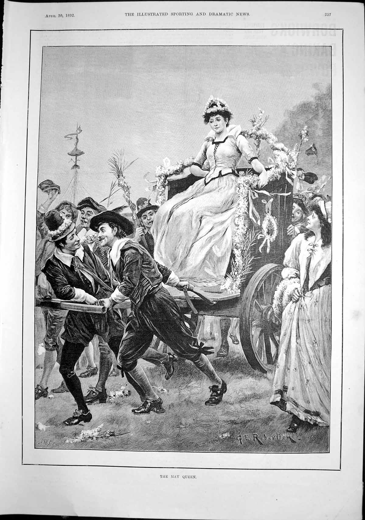 Antique Print May Queen Sitting Cart Pulled Two Men Flowers Hair Cart 1892 19th