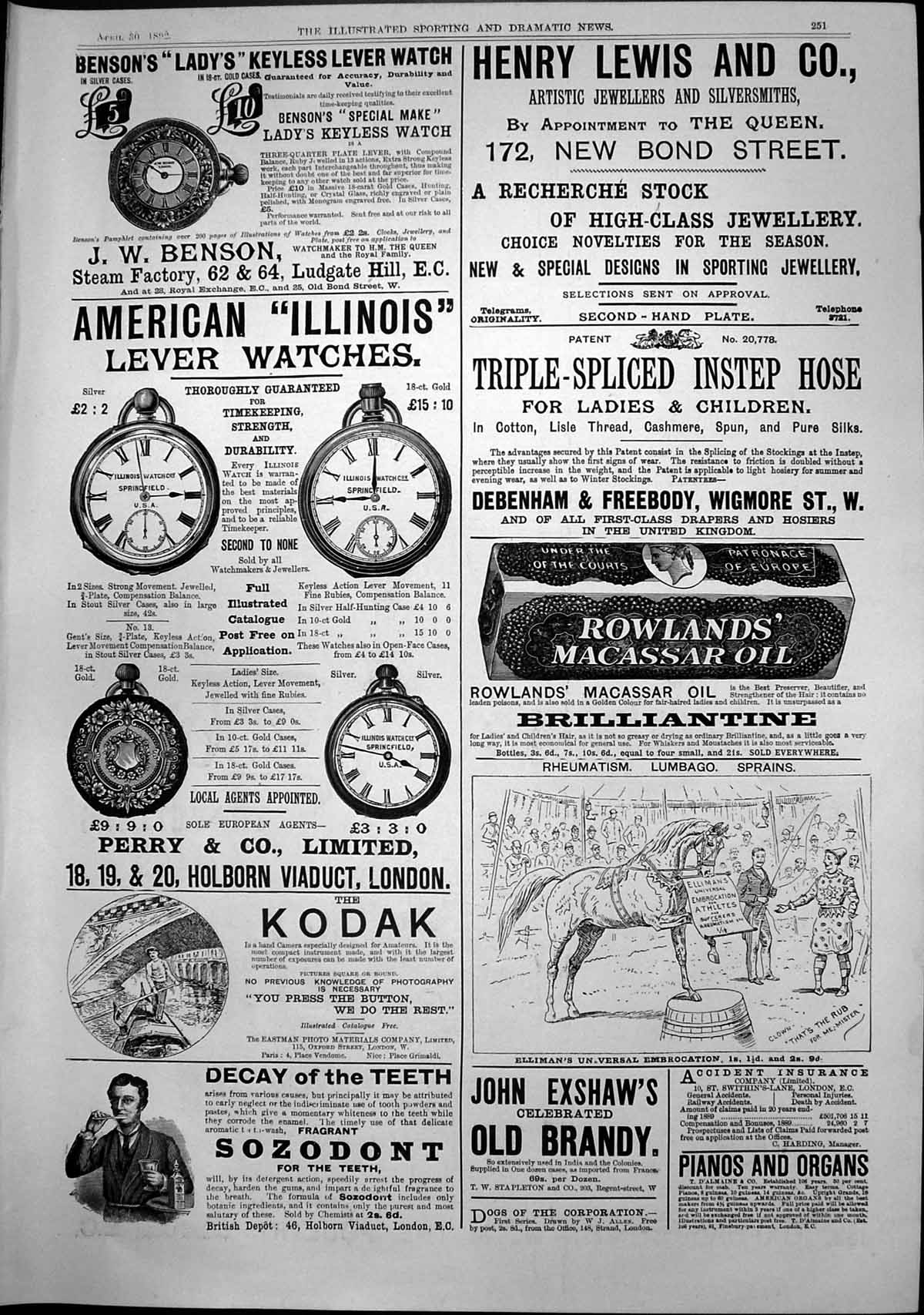 Antique Old Print Bensons Ladys Lever Watch Kodak Camera Sozodont Teeth 1892