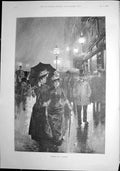Original Old Antique Print Caught Shower Two Ladies Busy Street Umbrella 1892