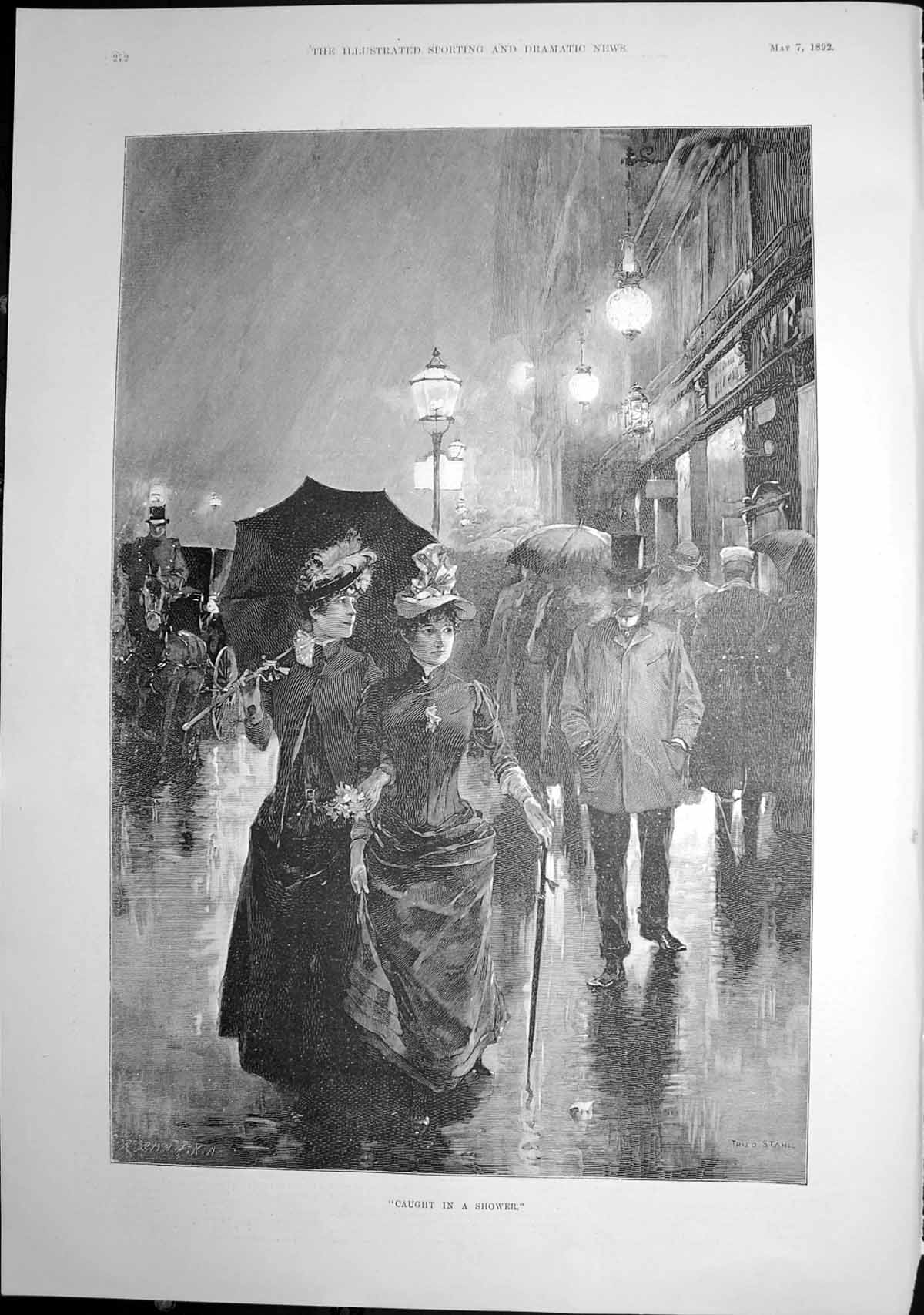Original Old Antique Print Caught Shower Two Ladies Busy Street Umbrella 1892