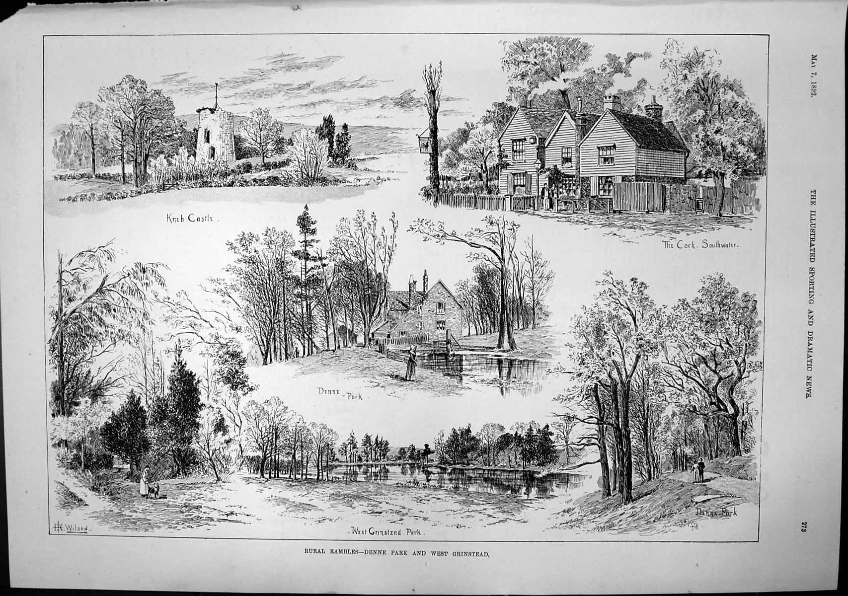 Antique Old Print Rural Rambles Denne Park West Grinstead Kneh Castle 1892 19th