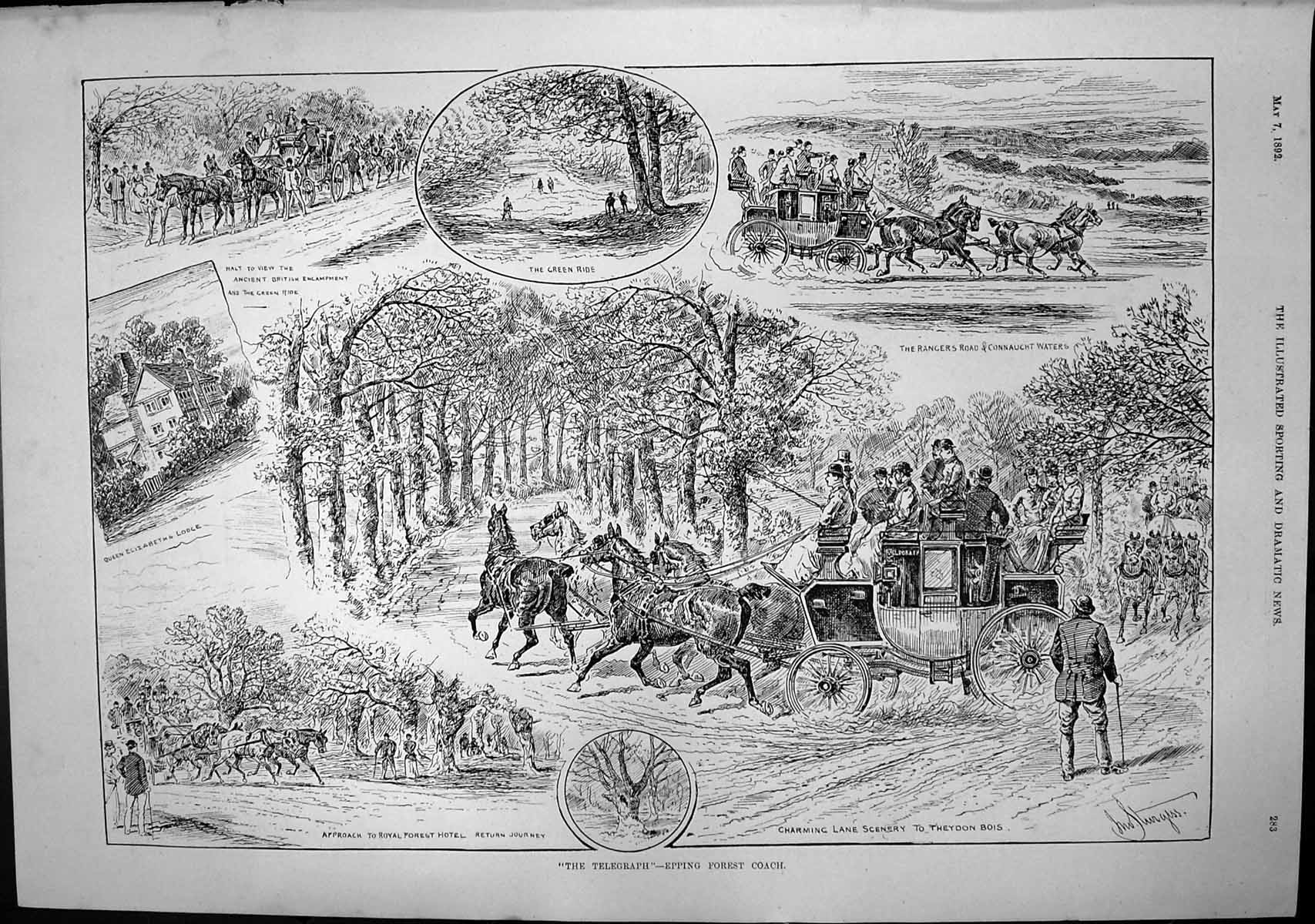 Antique Old Print Telegraph Epping Forest Coach Newmarket Charlie Jumbo 1892