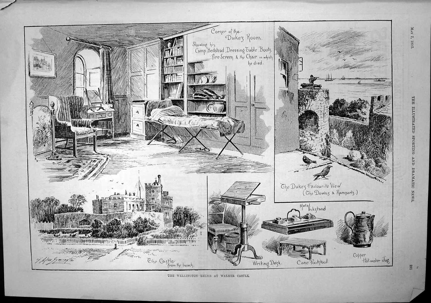 Old Print Wellington Relics Walmer Castle Dukes Room Metal Inkstand 1892 19th