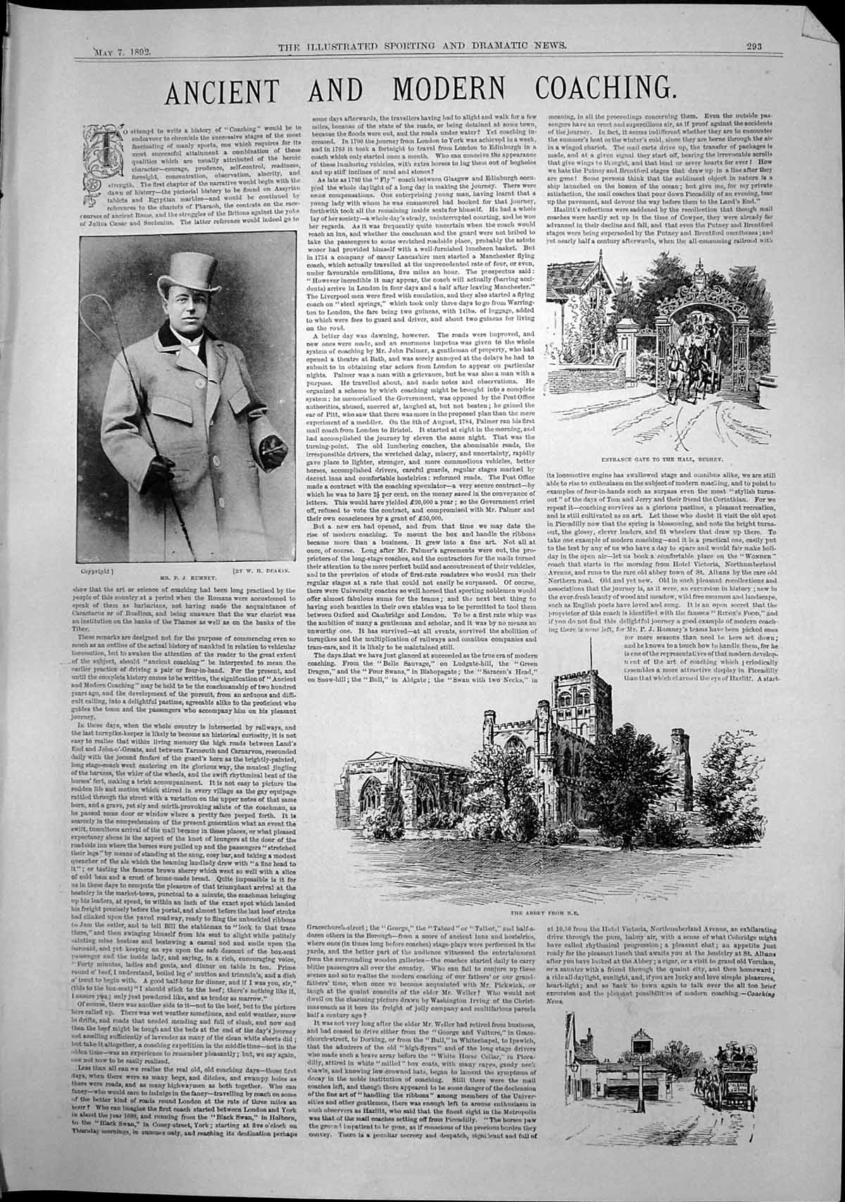 Old Print Ancient Modern Coaching P Rumney Entrance Gate Hall Bushey 1892 19th