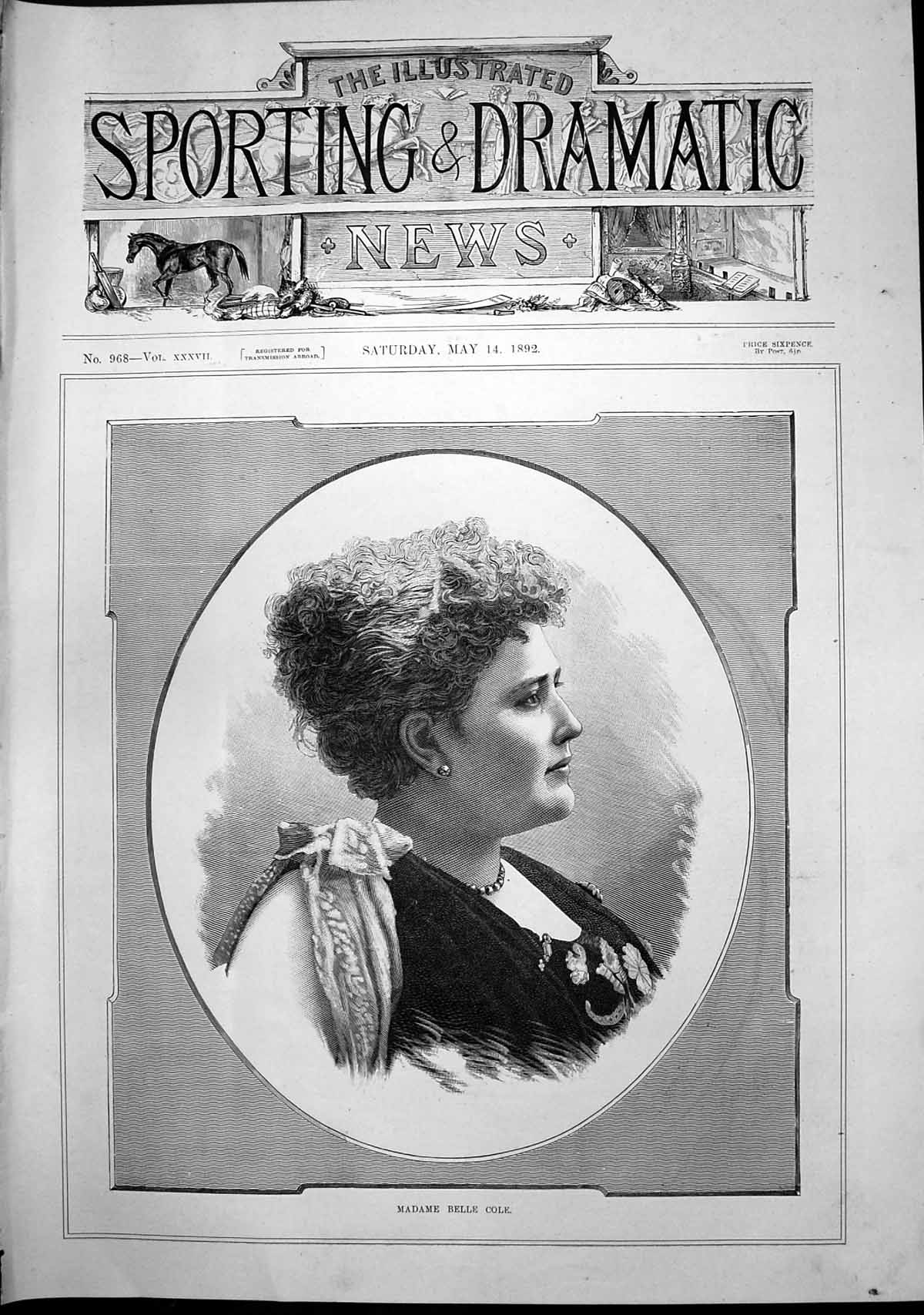 Antique Old Print Portrait Madame Belle Cole Woman Curly Hair Earrings 1892