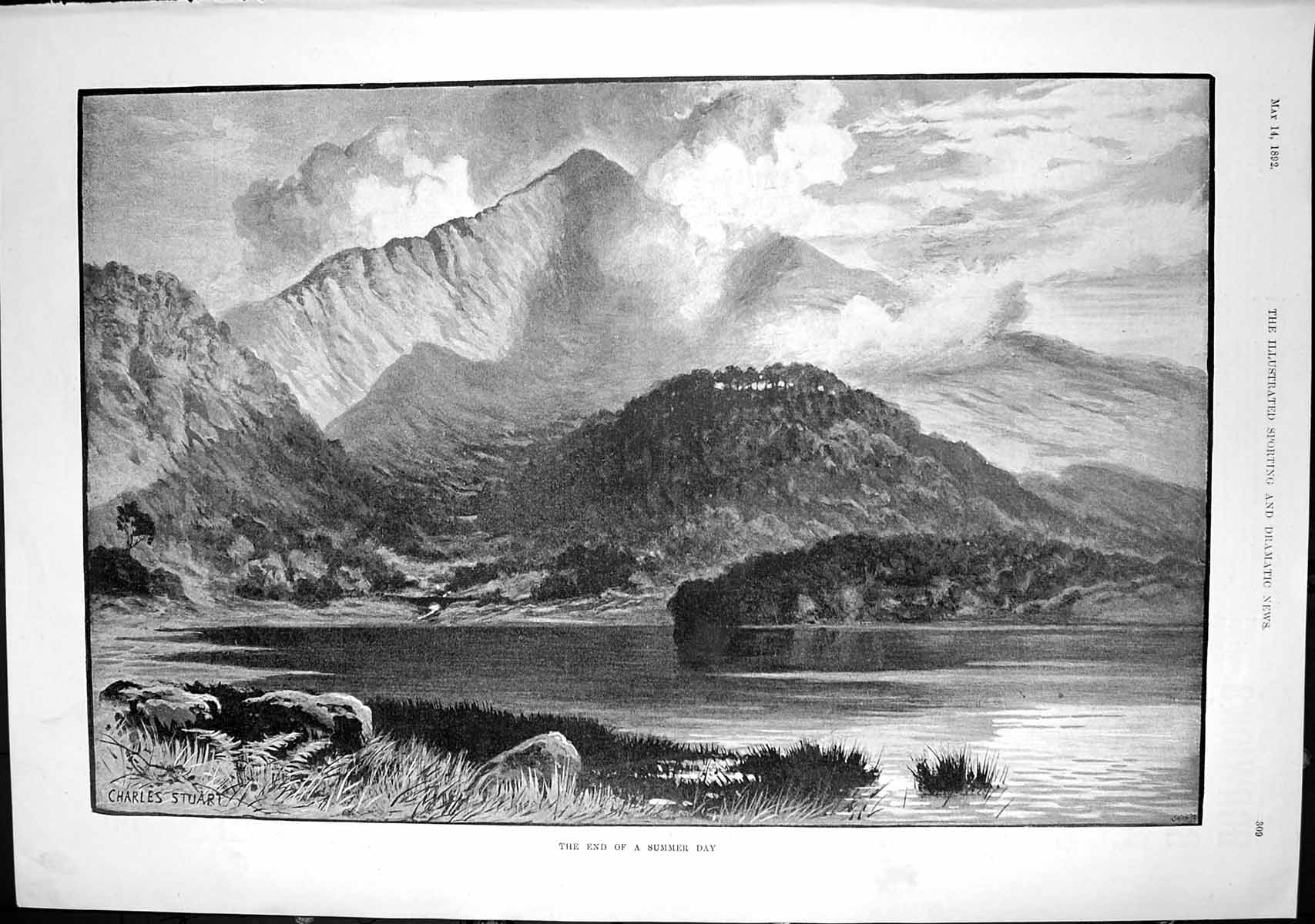 Antique Print End Summer Day Charles Stuart Scene Loch Trees Mountain 1892 19th