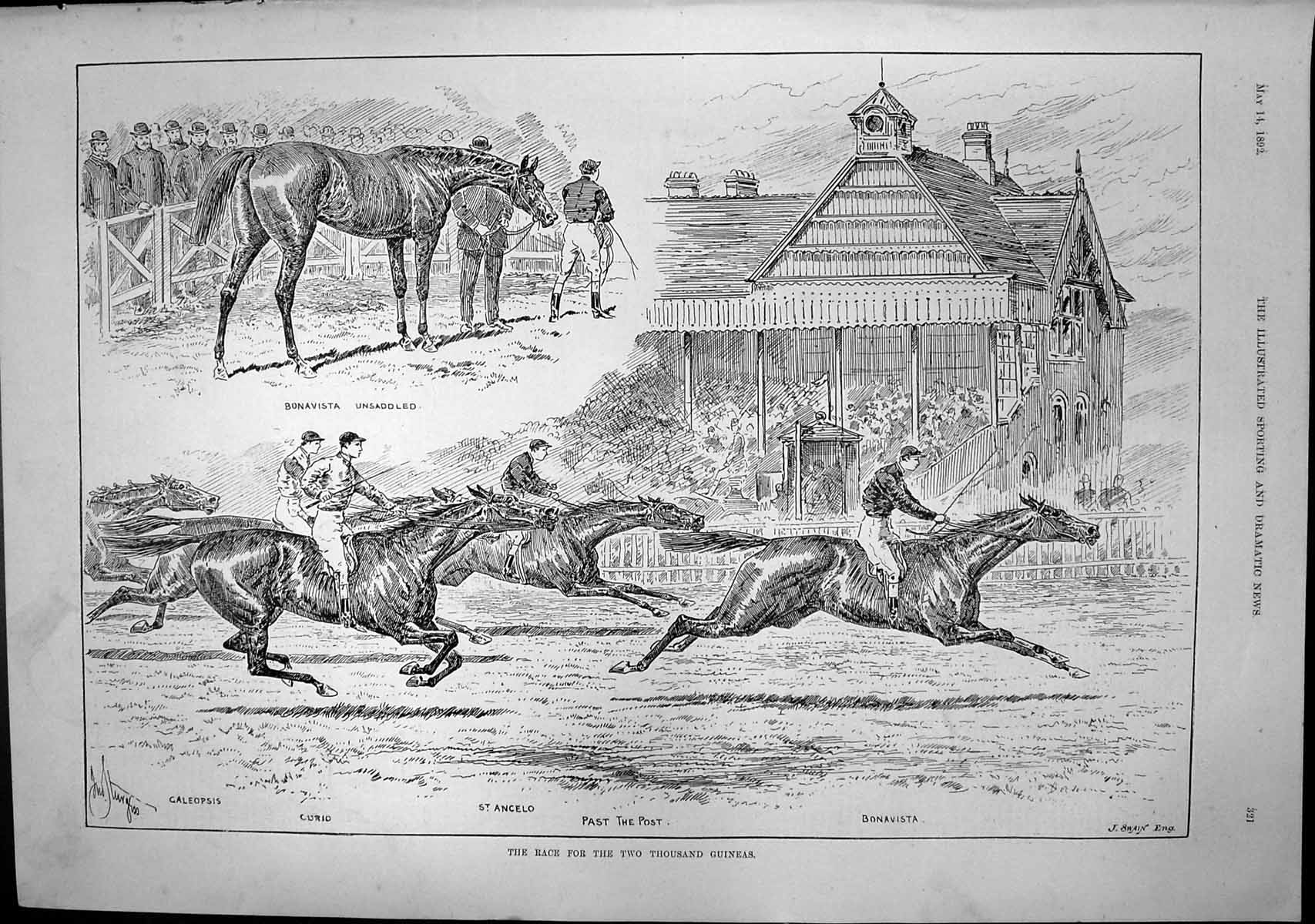 Antique Print Race For Two Thousand Guineas St Angelo Bonavista Curio 1892 19th