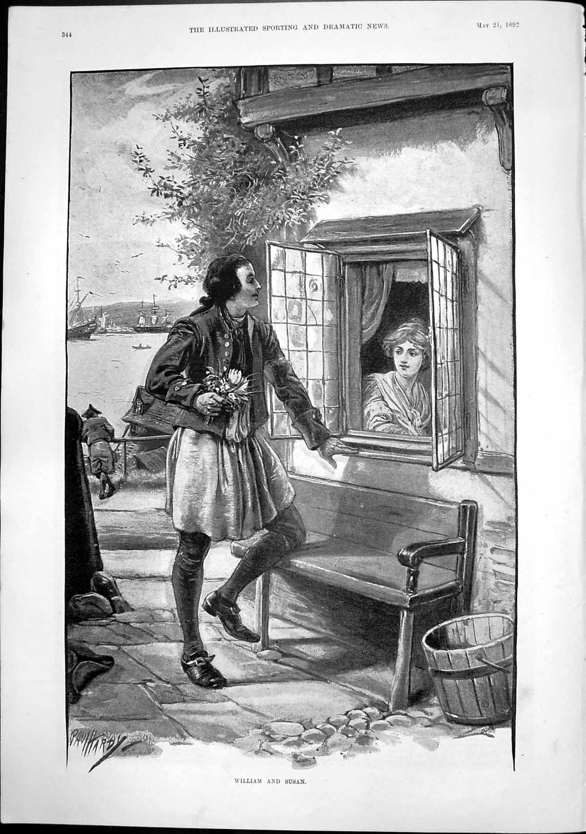 Antique Old Print William And Susan Paul Hardy Man Flowers Woman Window 1892