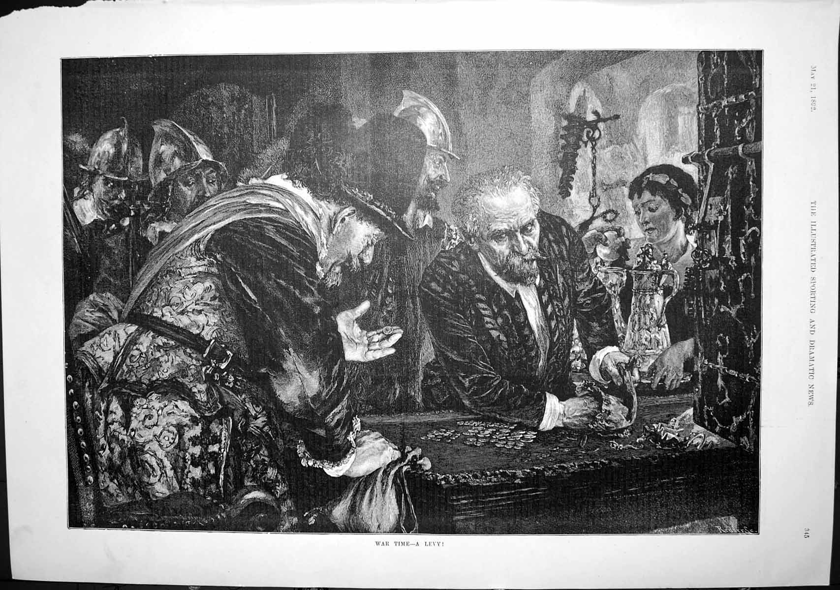 Original Old Antique Print War Time Levy Examining Coins Bag Table 1892 19th
