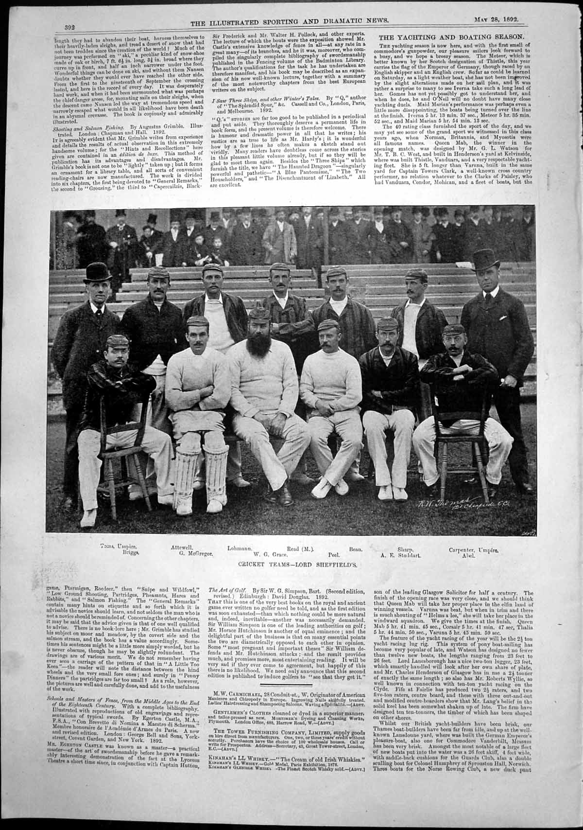 Old Print Cricket Teams Lord Sheffields Read Lohmann Sharp Mcgregor 1892 19th