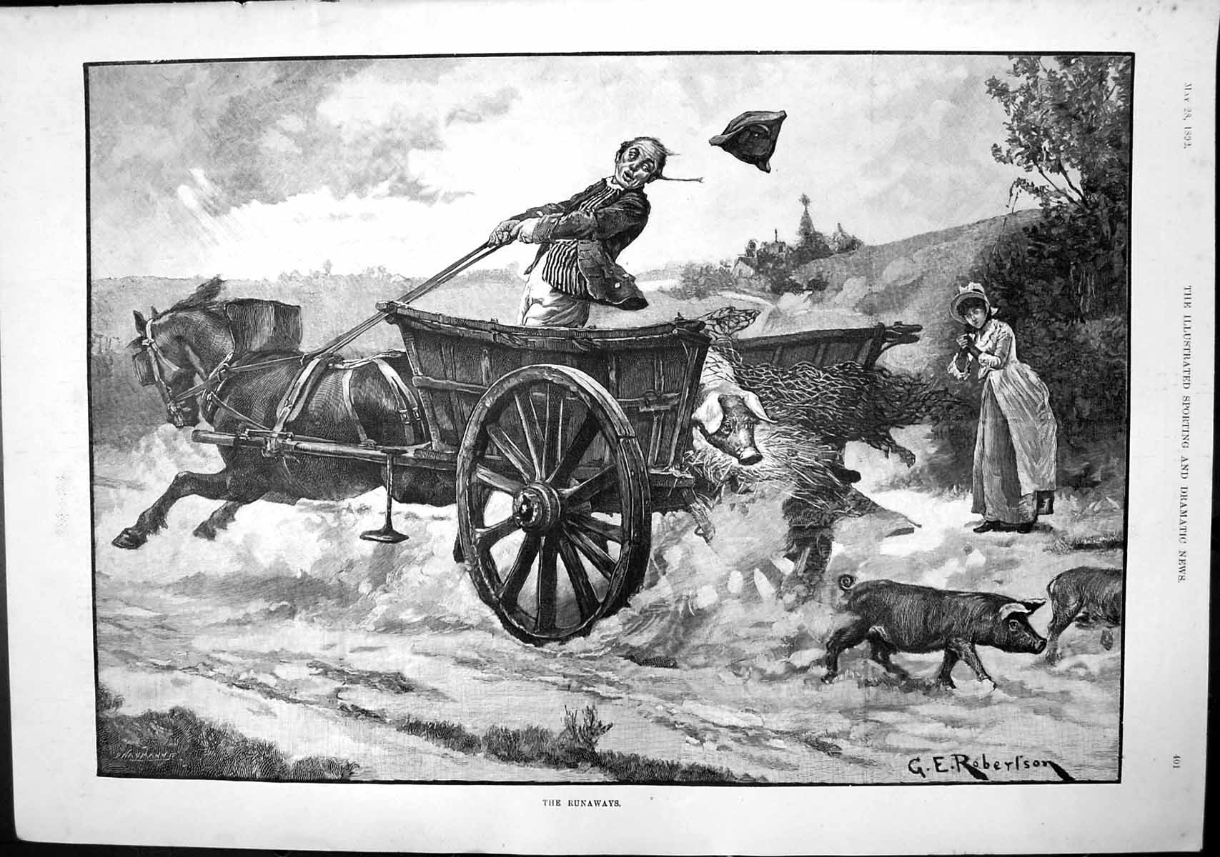 Old Antique Print Runaways Ge Robertson Man Driving Cart Pigs Escape 1892 19th