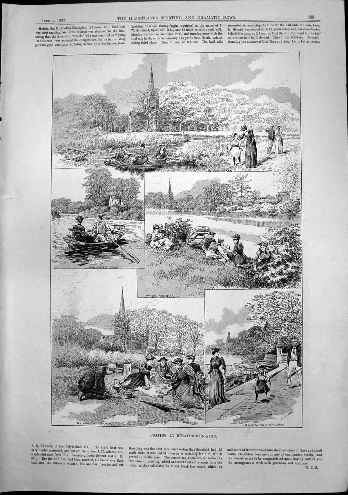 Old Antique Print Boating Stratford On Avon Church Luddington Falls 1892 19th