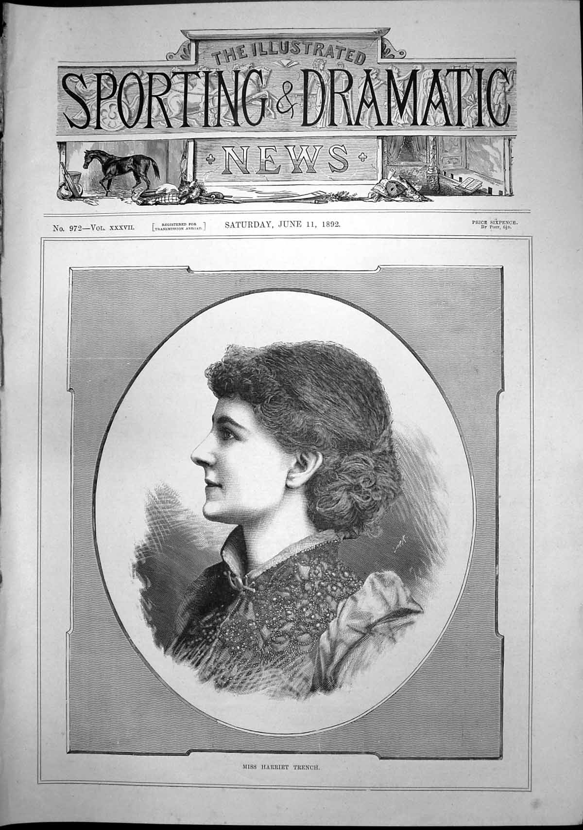 Antique Print Portrait Miss Harriet Trench Young Woman Hair Tied Back 1892 19th