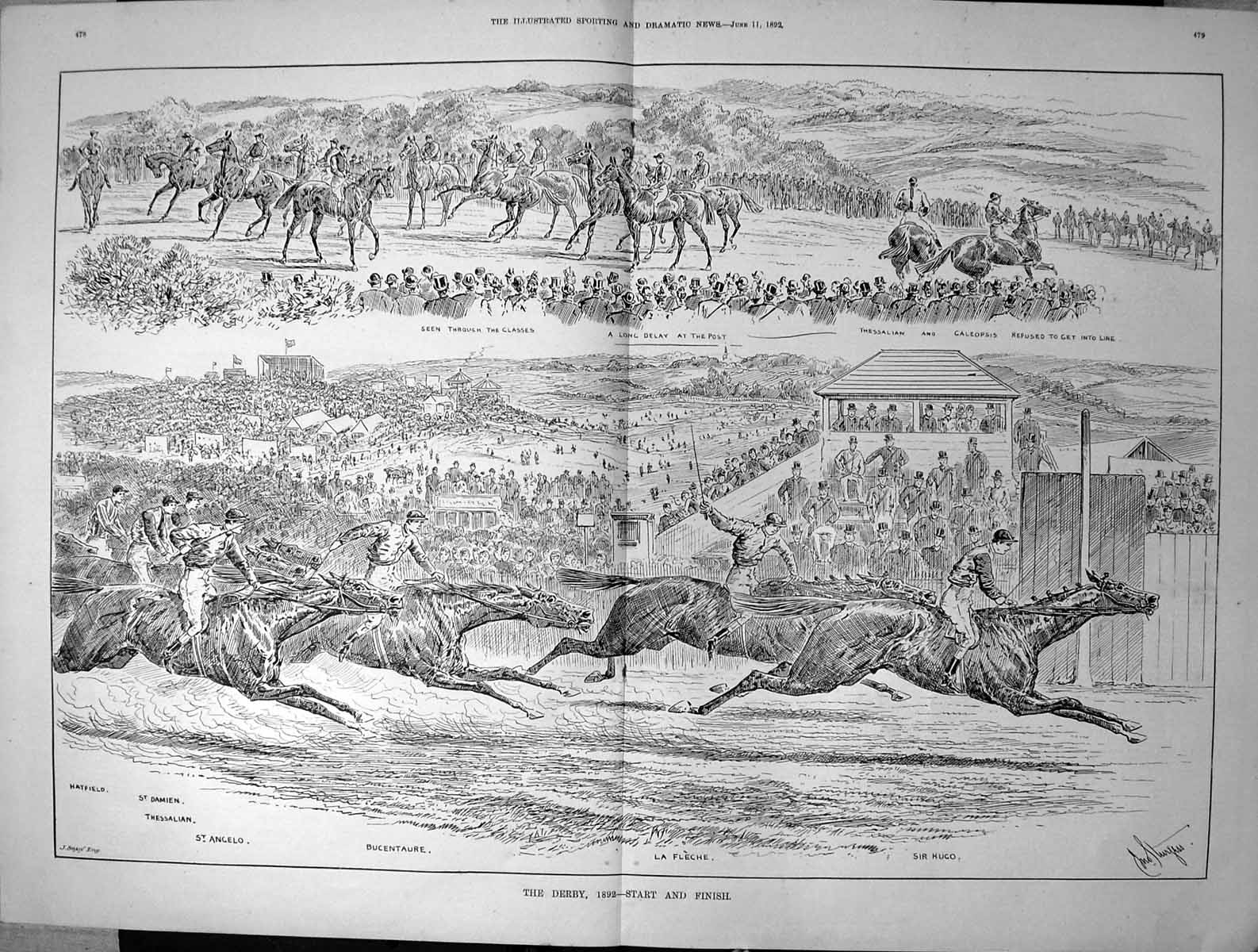 Old Print Derby Start Finish Sturgess La Fleche Sir Hugo Bucentaure 1892 19th