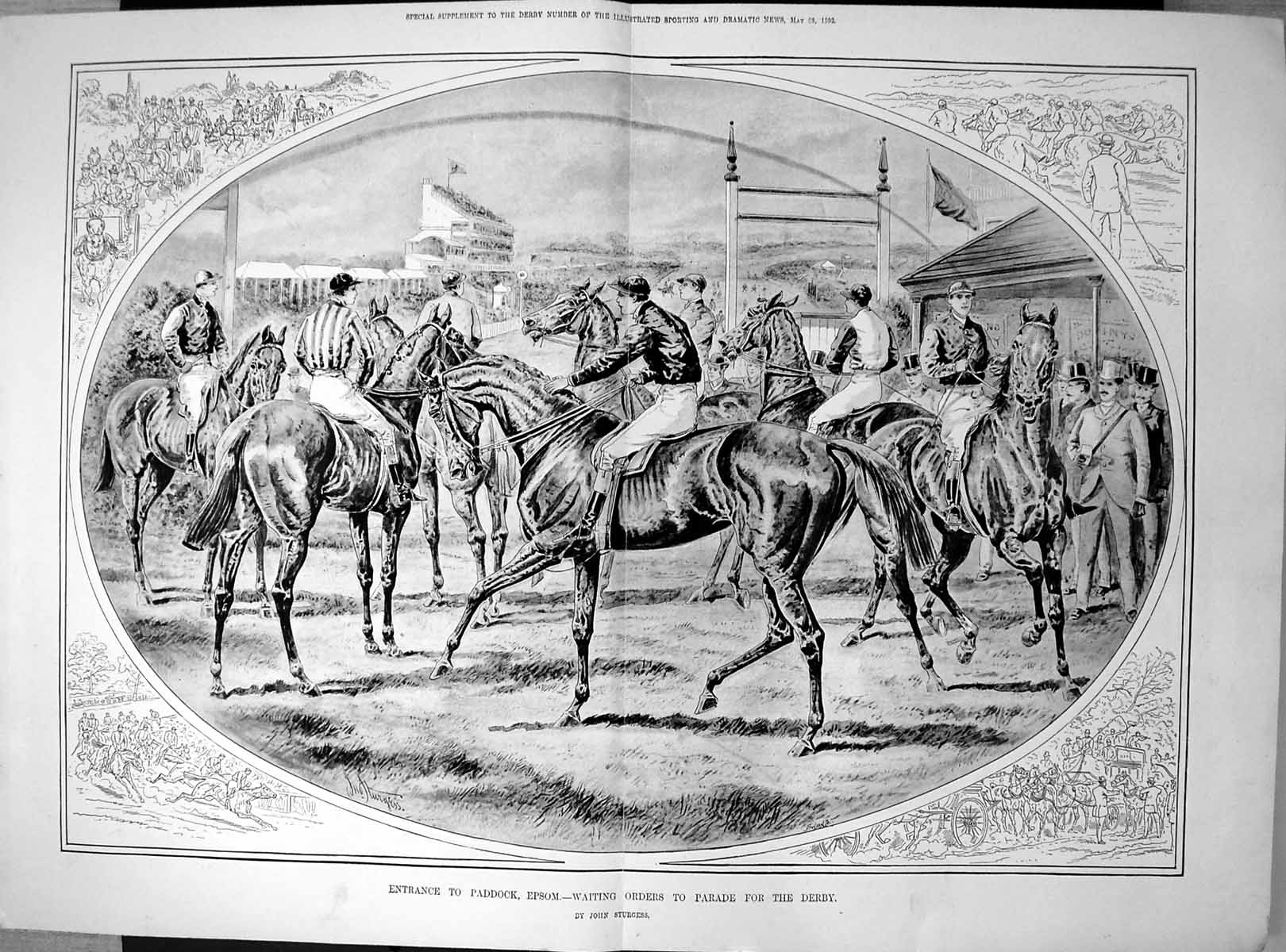 Old Antique Print Entrance Paddock Epsom Waiting Orders Parade Derby 1892 19th