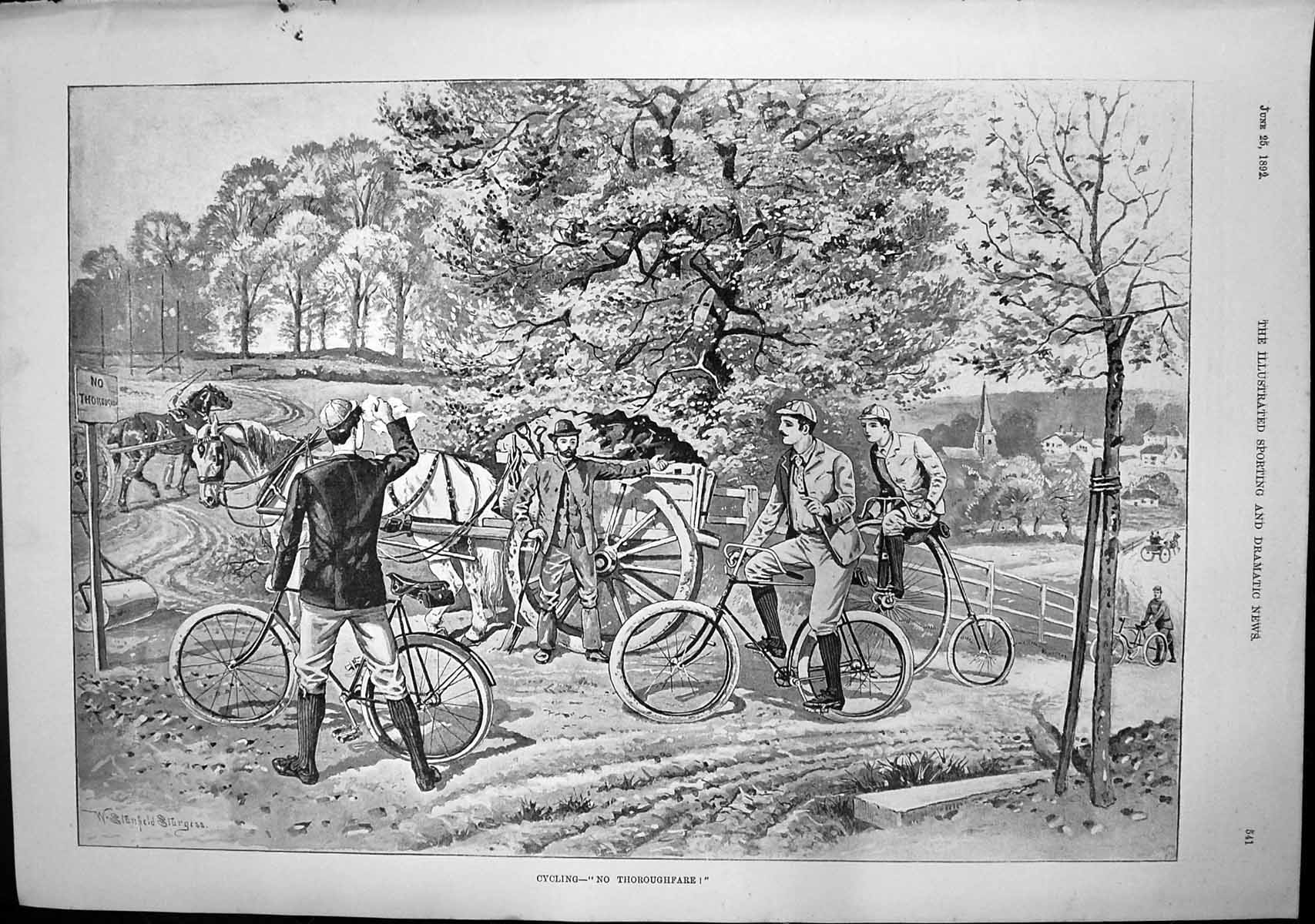 Antique Old Print Cycling No Thoroughfare Man Horse Cart Spades Field 1892 19th