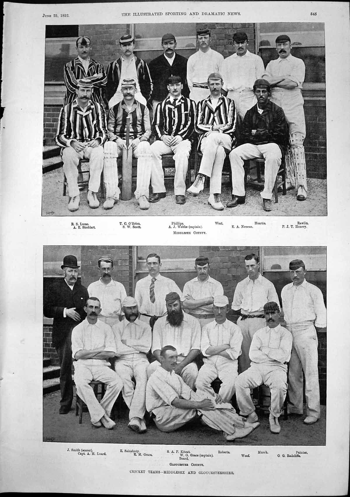 Antique Print Cricket Teams Middlesex Gloucestershire Middlesex County 1892
