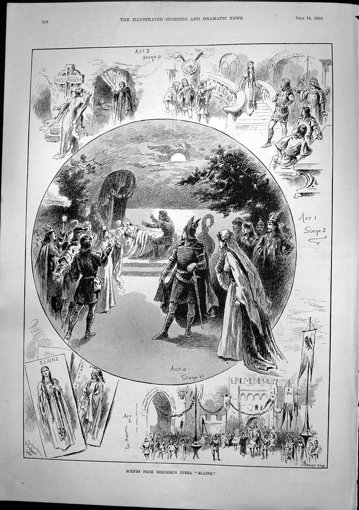 Old Print Scenes From Bembergs Opera Elaine J Swain Castle Staircase 1892 19th
