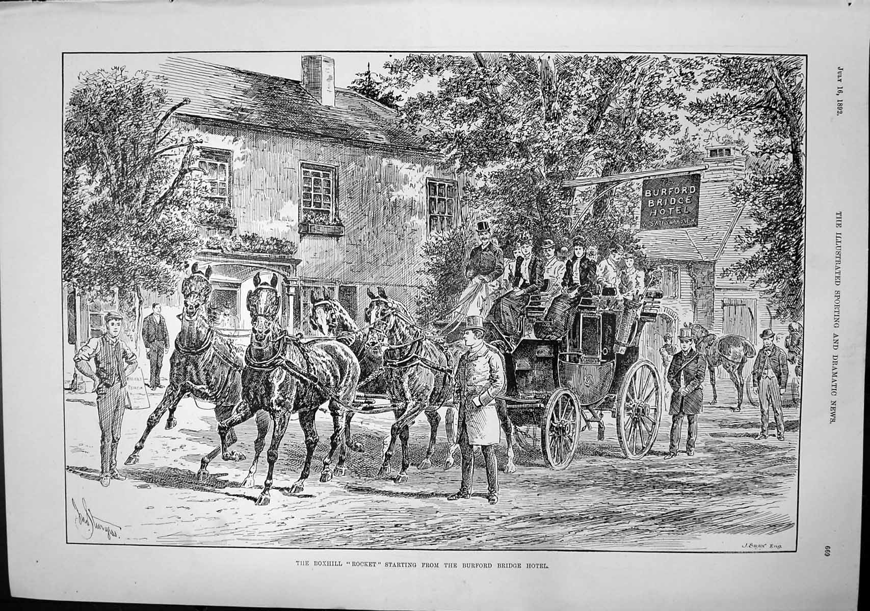 Old Print Boxhill Rocket Starting From Burford Bridge Hotel Carriage 1892 19th