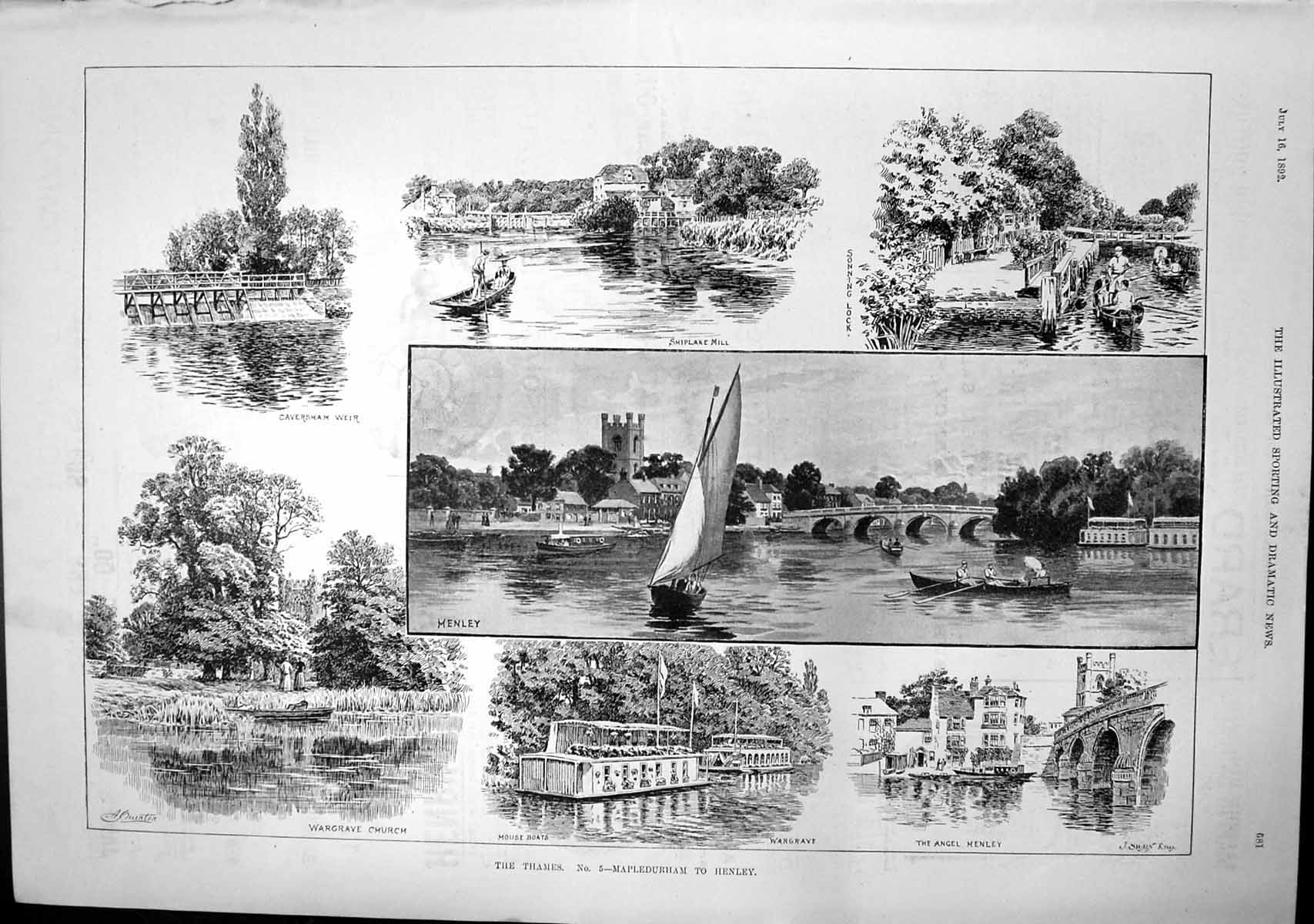 Antique Print Thames Mapledurham Henley Caversham Weir Wargrave Church 1892