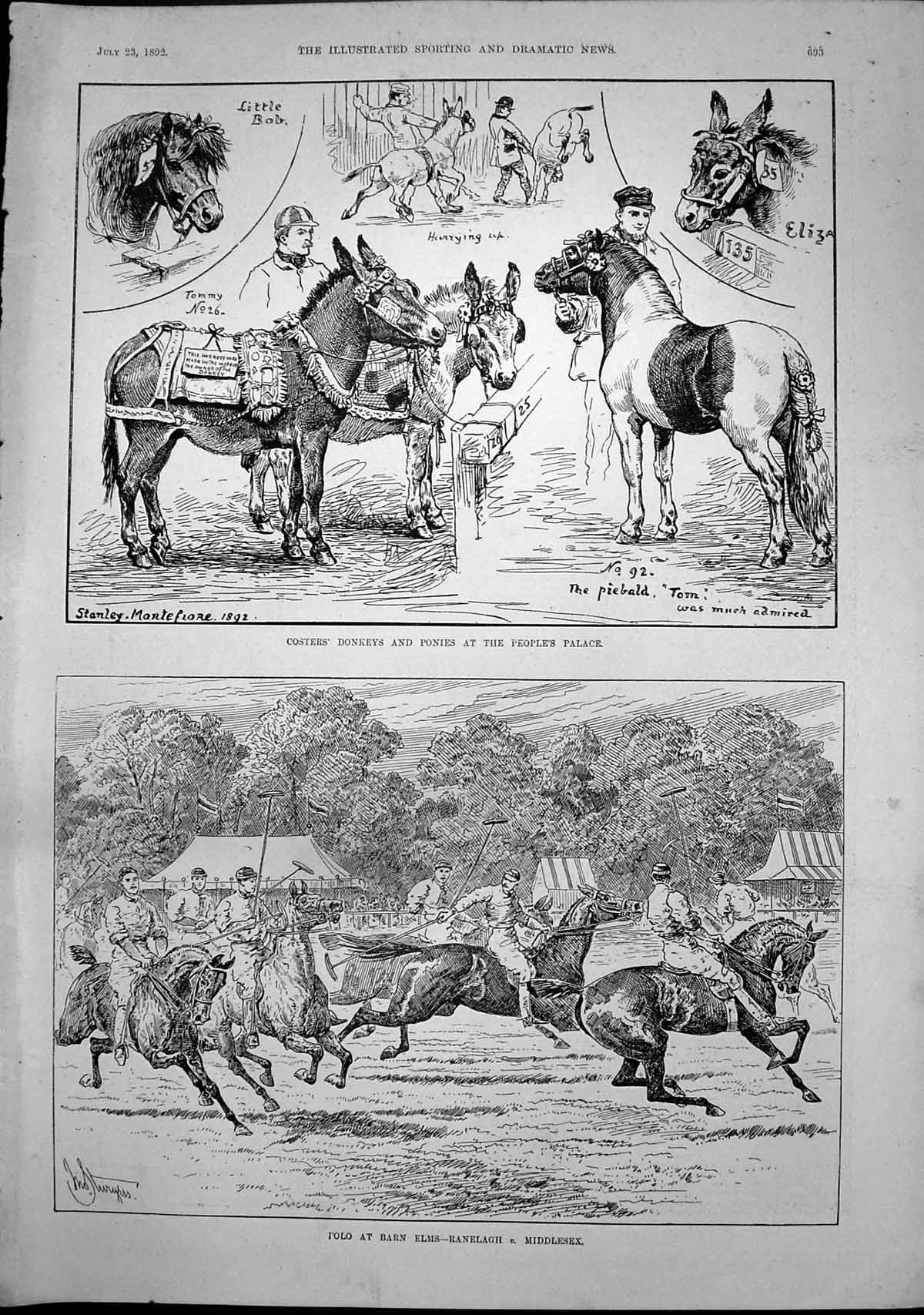 Antique Print Polo Barn Elms Ranelagh Middlesex Coster Donkeys Ponies 1892 19th