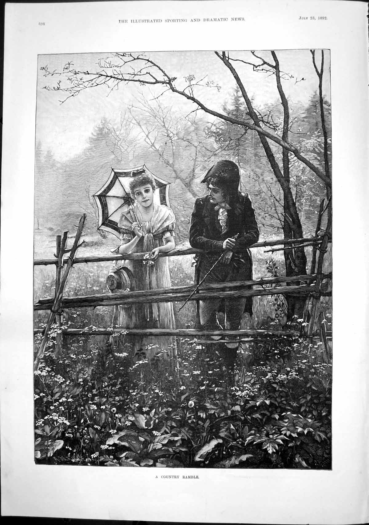 Antique Old Print Country Ramble Young Couple Lady Parasol Woods Flowers 1892