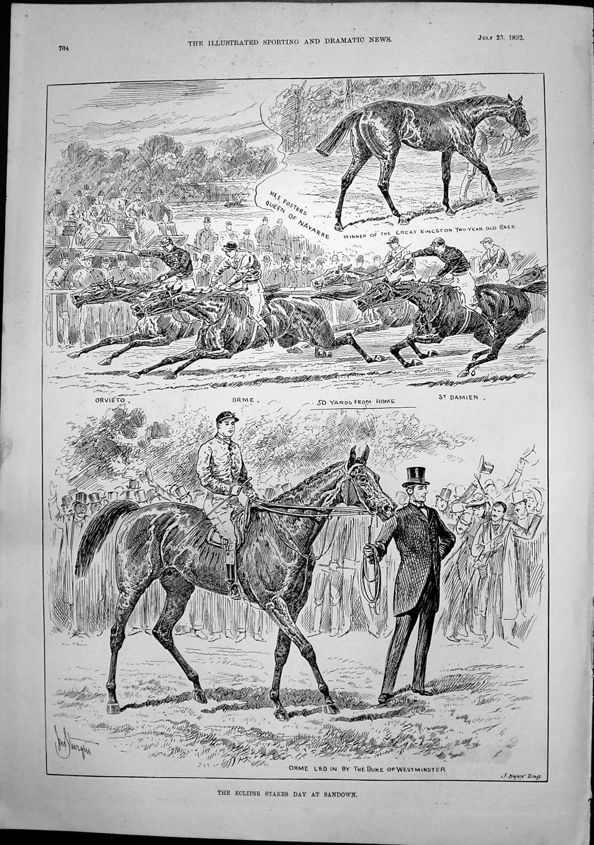 Antique Old Print Eclipse Stakes Day Sandown Orme Led Duke Westminster 1892