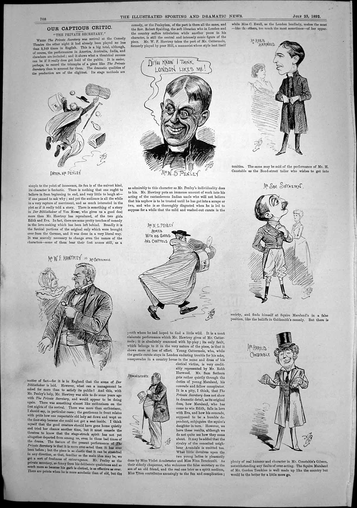 Old Print Captious Critic Private Secretary Mr Cattermole Mr Penley 1892 19th