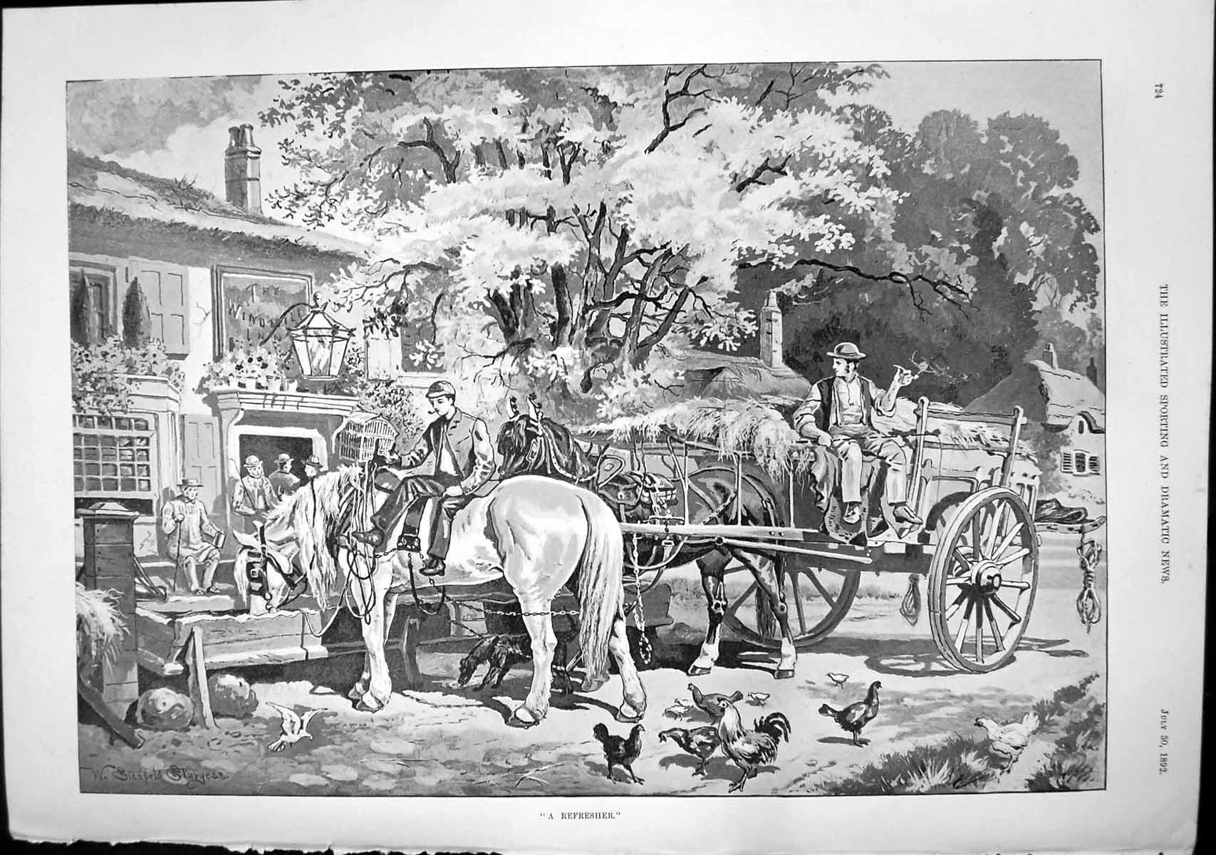 Old Print Refresher W Sturgess Horse Cart Hay Windmill Inn Chickens 1892 19th