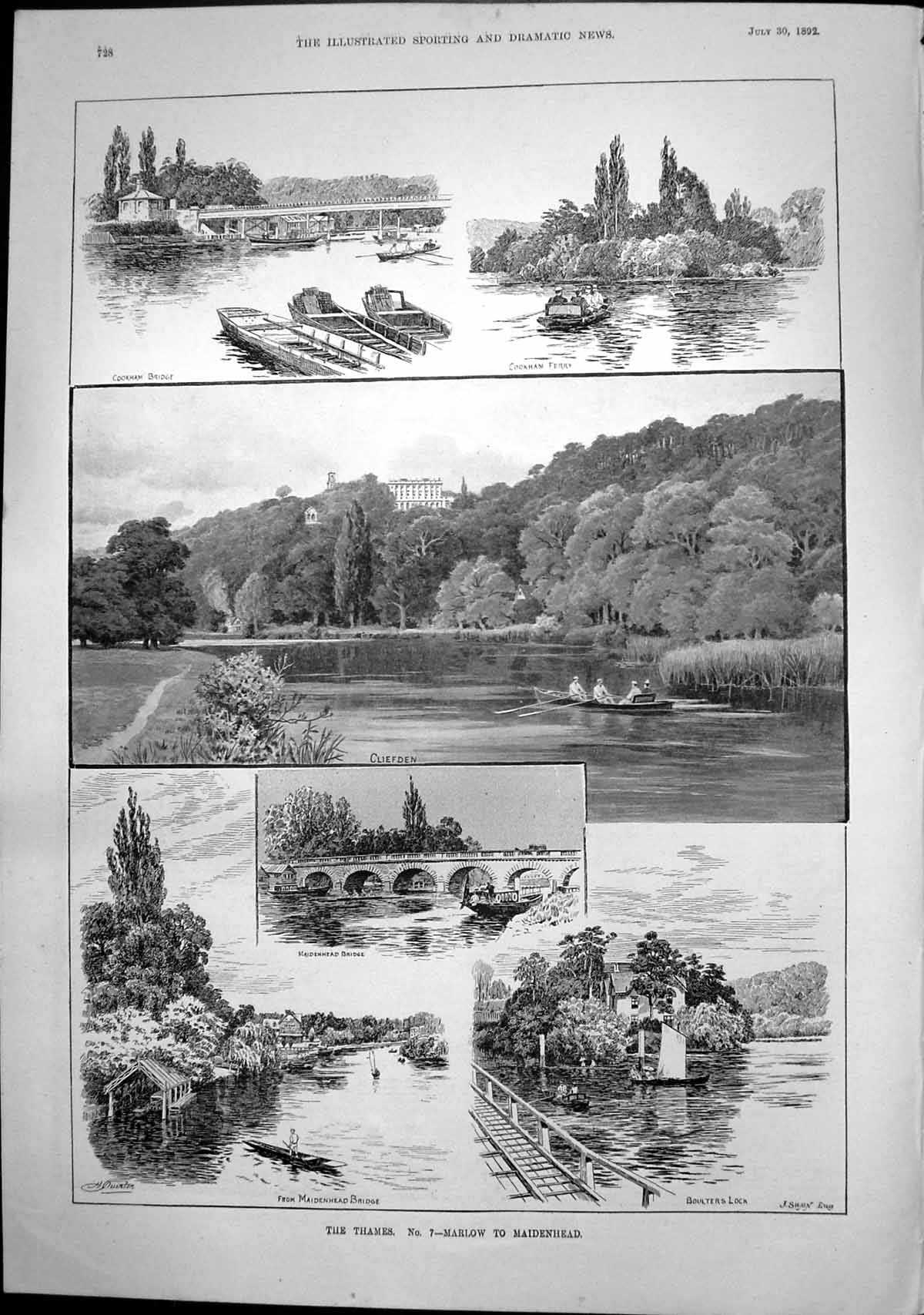 Antique Old Print Thames Marlow Maidenhead Cliefden Maidenhead Bridge 1892 19th