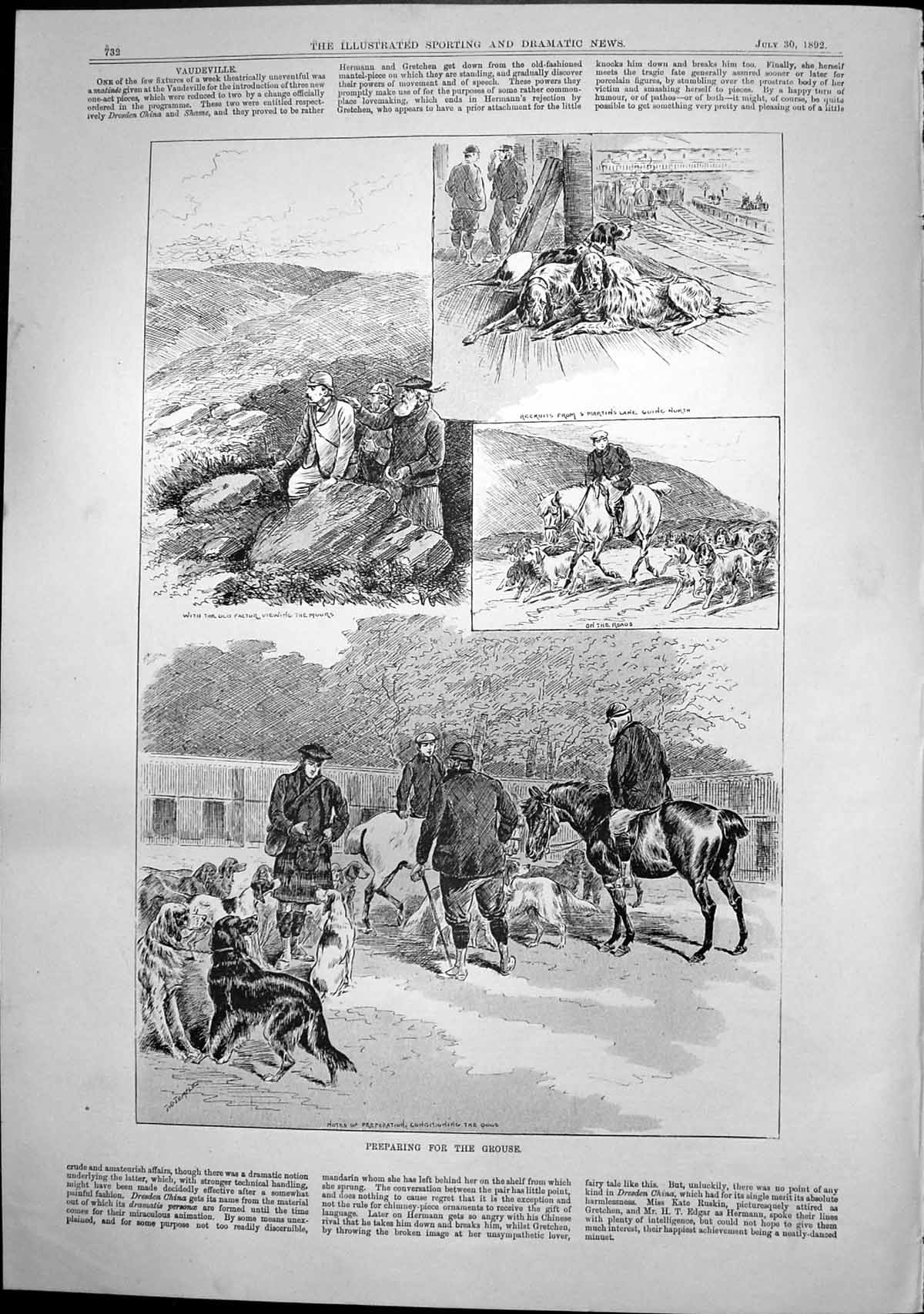 Original Old Antique Print Preparing For Grouse Factor Viewing Moors Dogs 1892