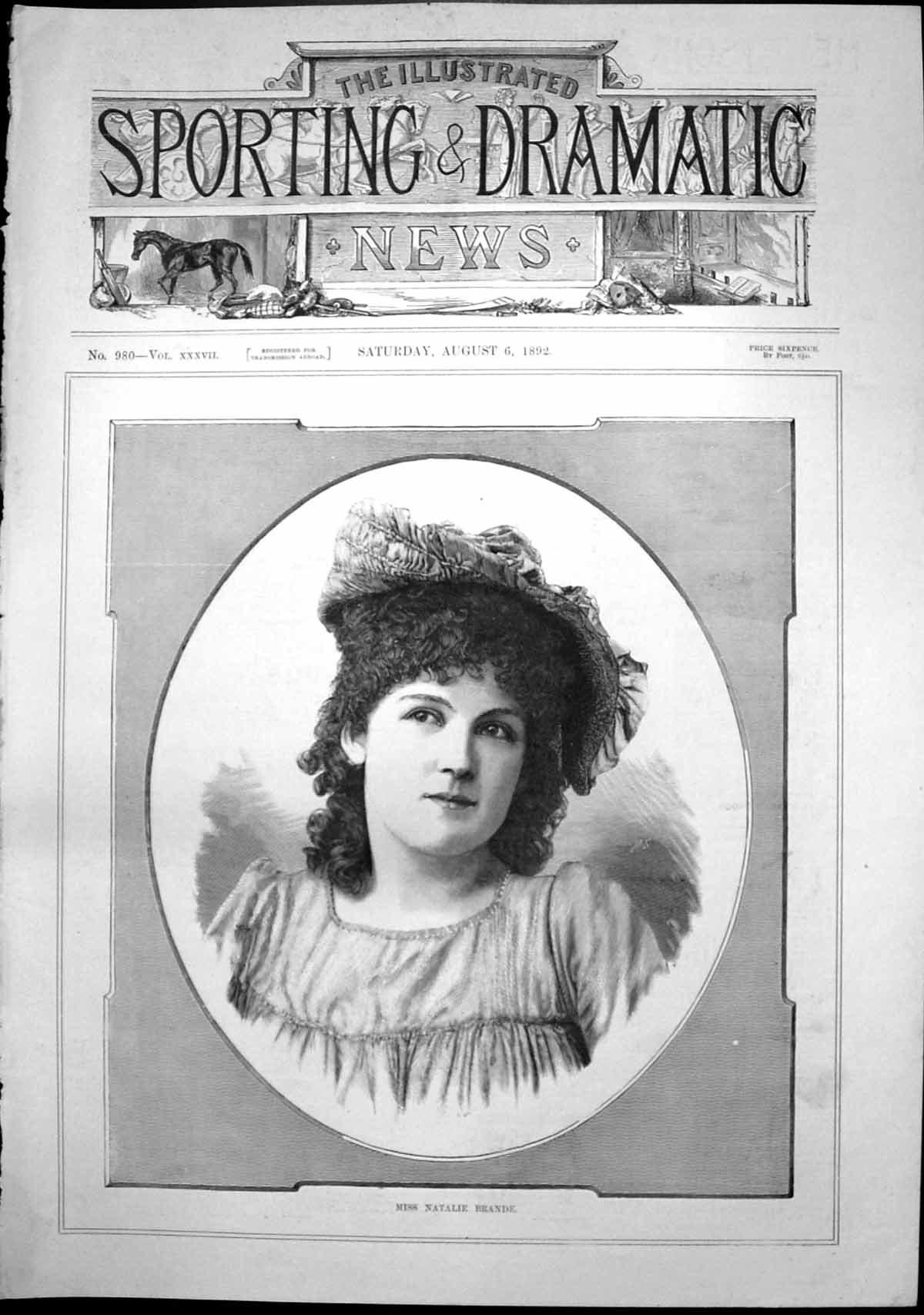 Antique Print Portrait Miss Natalie Brande Young Woman Dark Curly Hair 1892