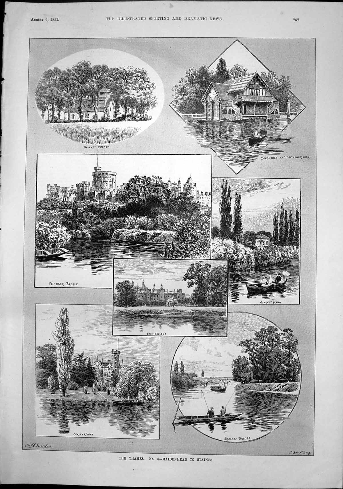 Antique Old Print Thames Maidenhead Staines Windor Castle Eton College 1892
