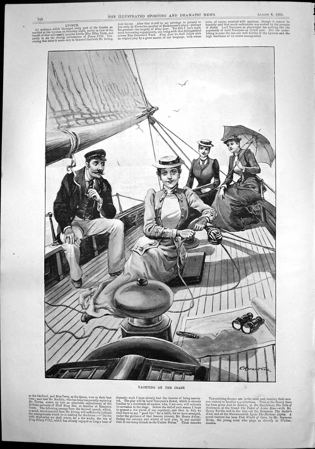 Antique Print Yachting On Coast Sailor Three Ladies Onboard Binoculars 1892