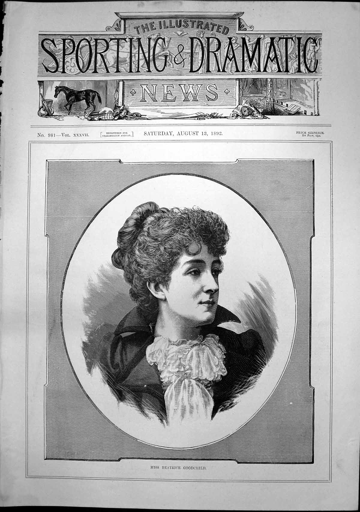 Old Antique Print Portrait Miss Beatrice Goodchild Woman Curly Hair 1892 19th