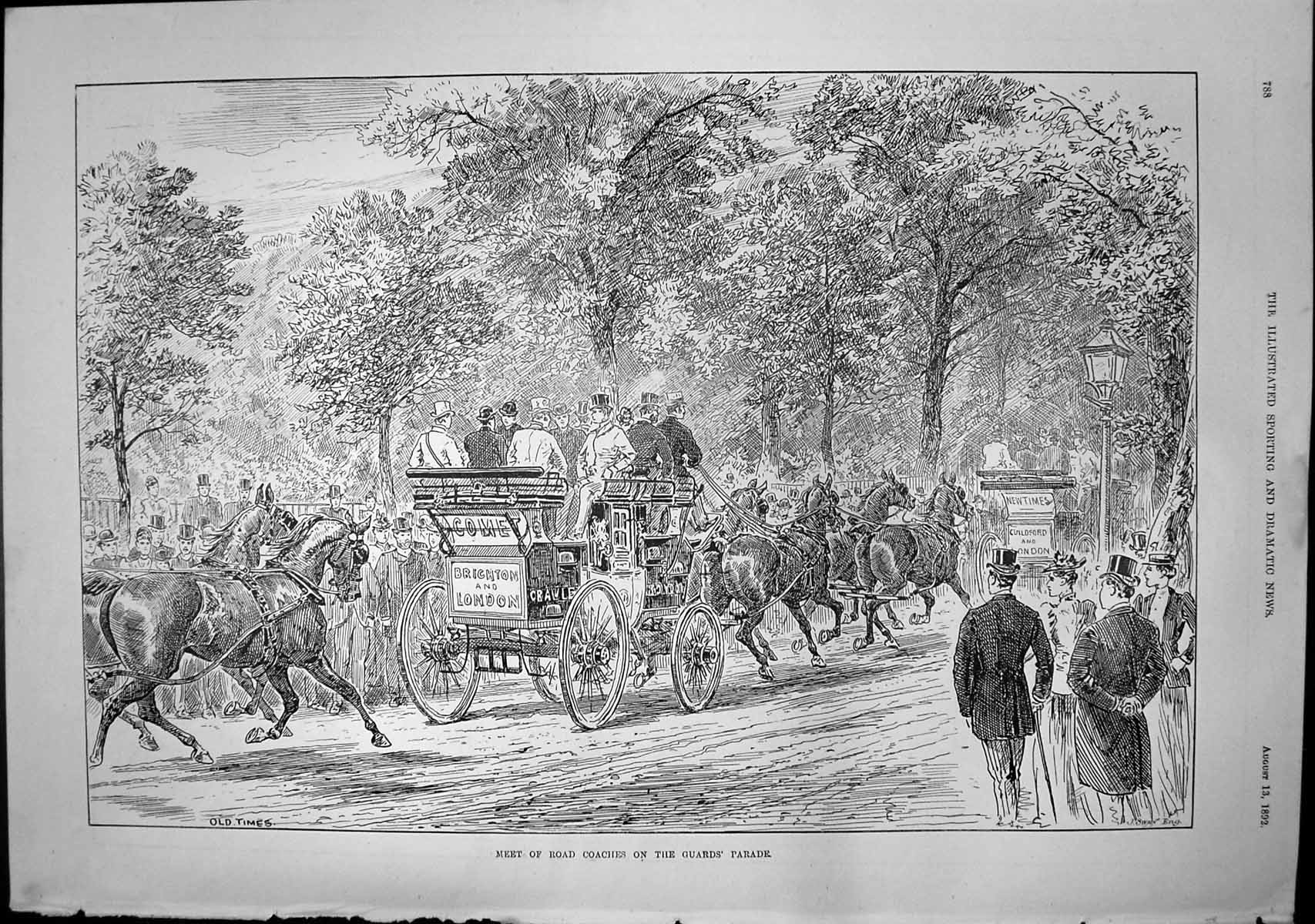 Original Old Antique Print Meet Road Coaches Guards Parade J Swain Times 1892