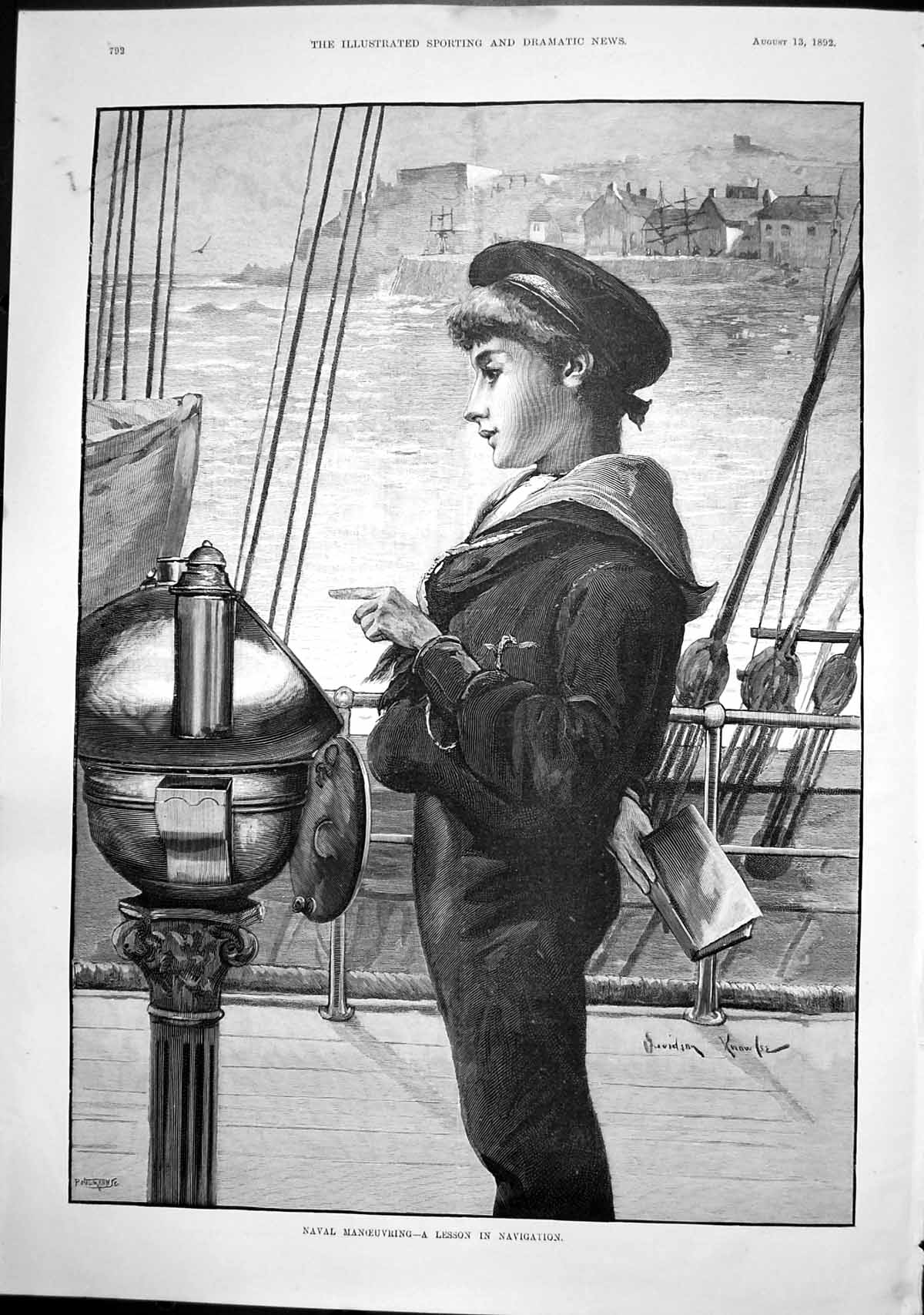 Old Print Naval Manoeuvring Lesson Navigation P Naumann Young Sailor1892 19th