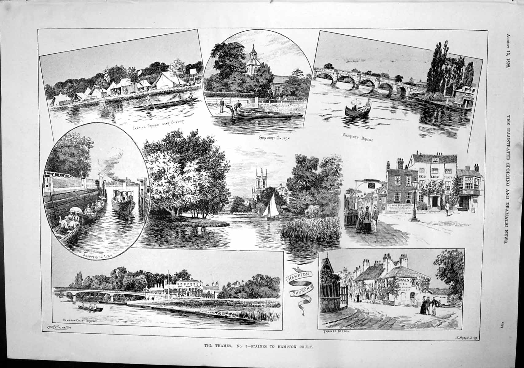 Old Thames Staines Hampton Court Chertsey Bridge Sunbury Church 1892 Victorian