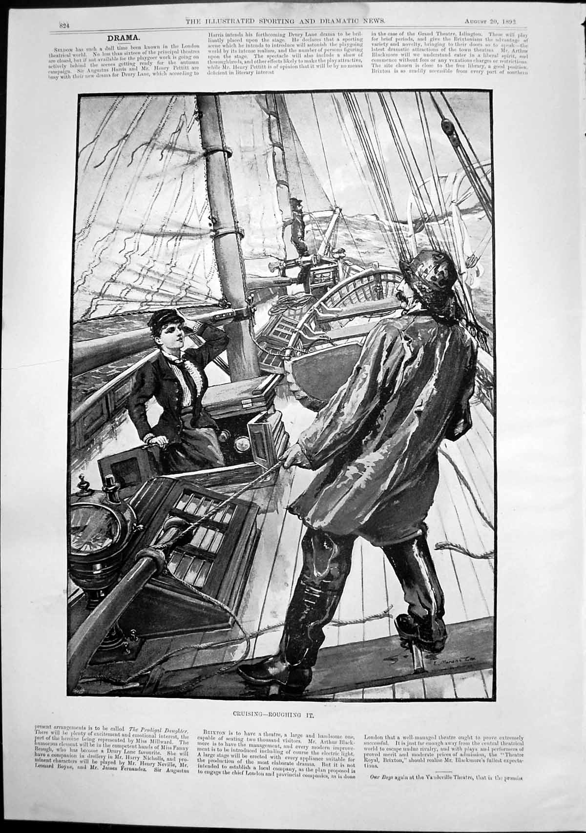 Antique Print Cruising Roughing It Lady Appears Below Deck Boat Storm 1892 19th