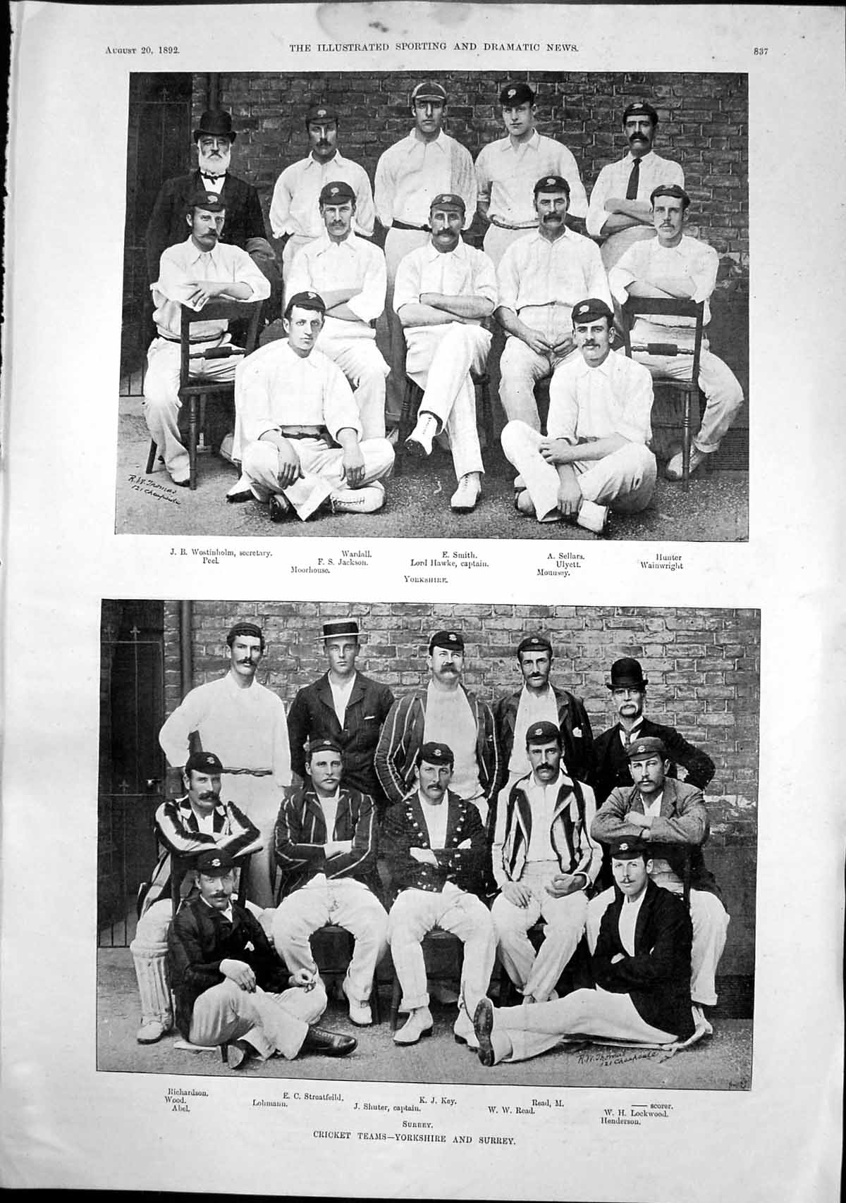 Old Print Cricket Teams Yorkshire Surrey Shuter Lord Hawke Moorhouse 1892 19th