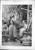 Old Print Flower Market Trieste W Gause Women Selling Flowers Child 1892 19th