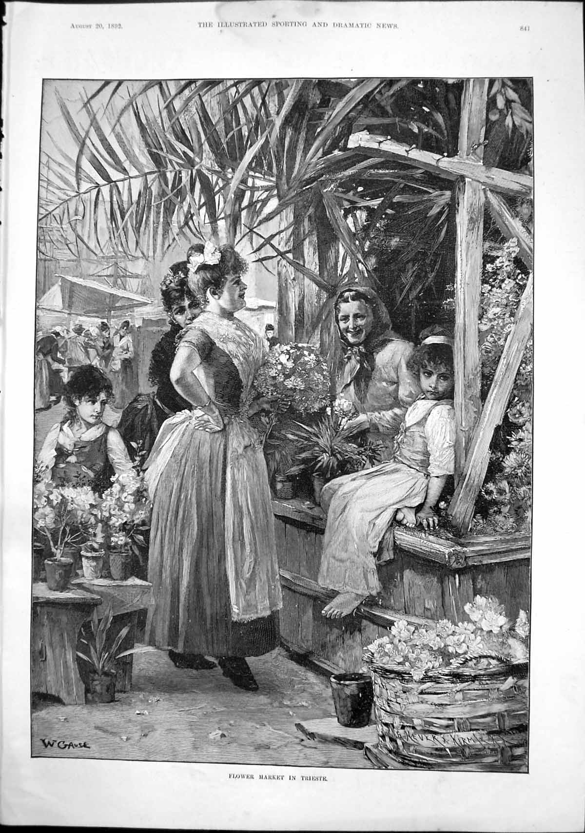 Old Print Flower Market Trieste W Gause Women Selling Flowers Child 1892 19th