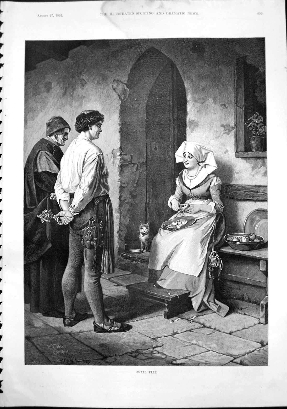 Old Antique Print Small Talk Nun Cutting Apples Speaking Two Men Cat 1892 19th