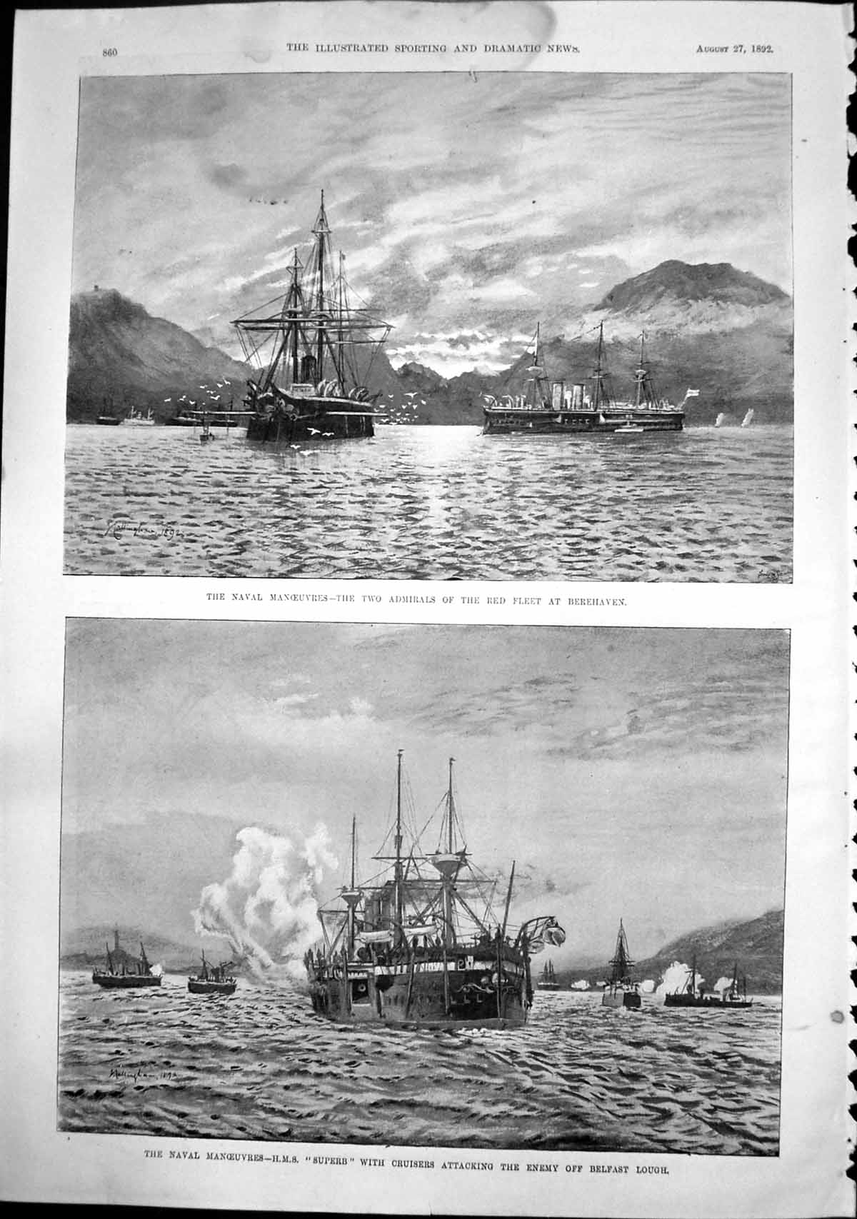 Old Naval Manoeuvres Red Fleet Berehaven Hms Superb Belfast Lough1892 Victorian